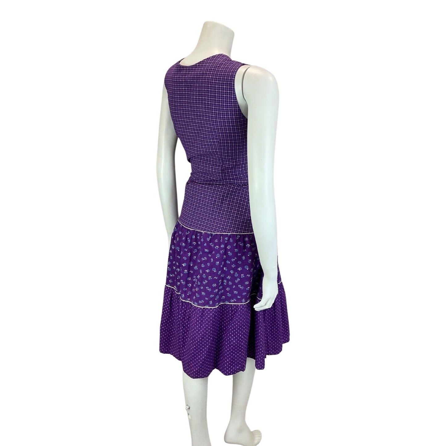 Vintage 90s 70s Style Purple White Prairie Floral Checked Midi Dress 8 10S