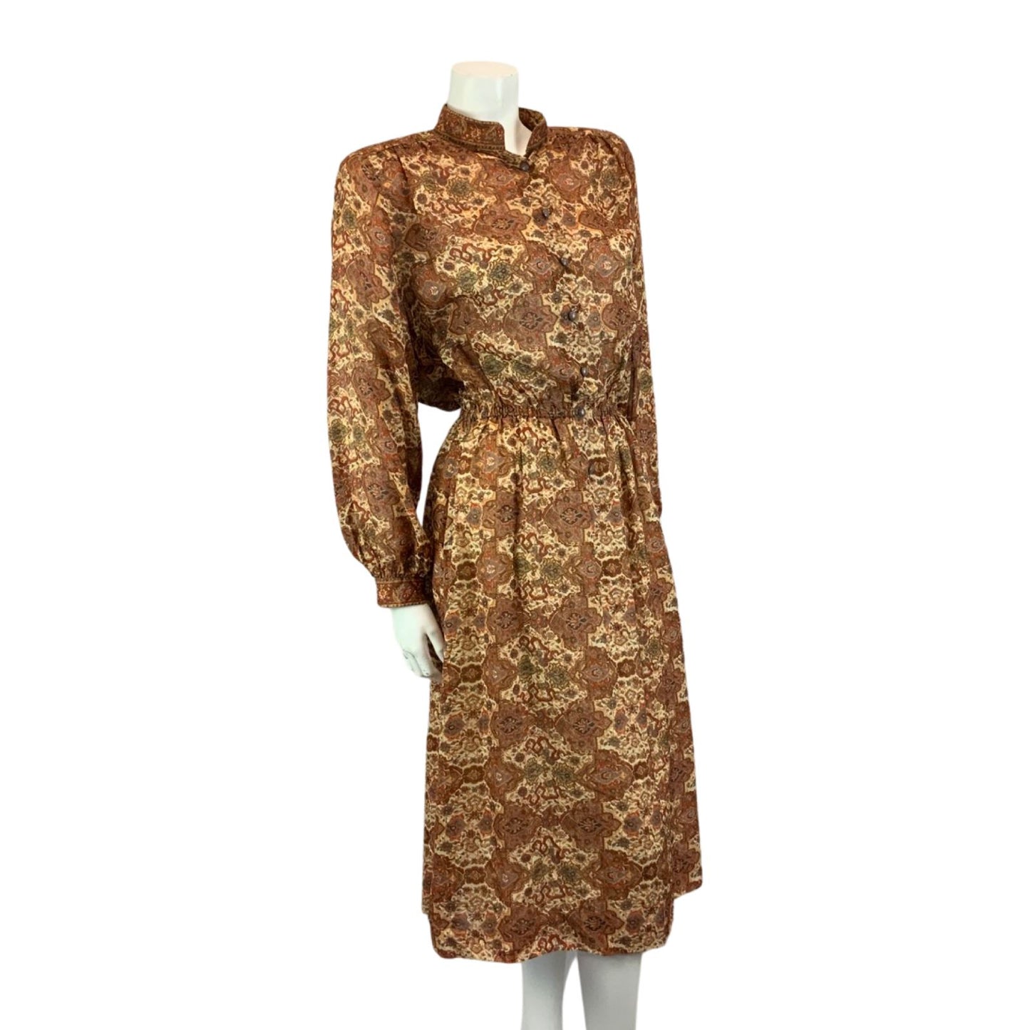 Vintage 80s Brown Louis Feraud Ornamental Patterned Modest Midi Dress M/L 14-16