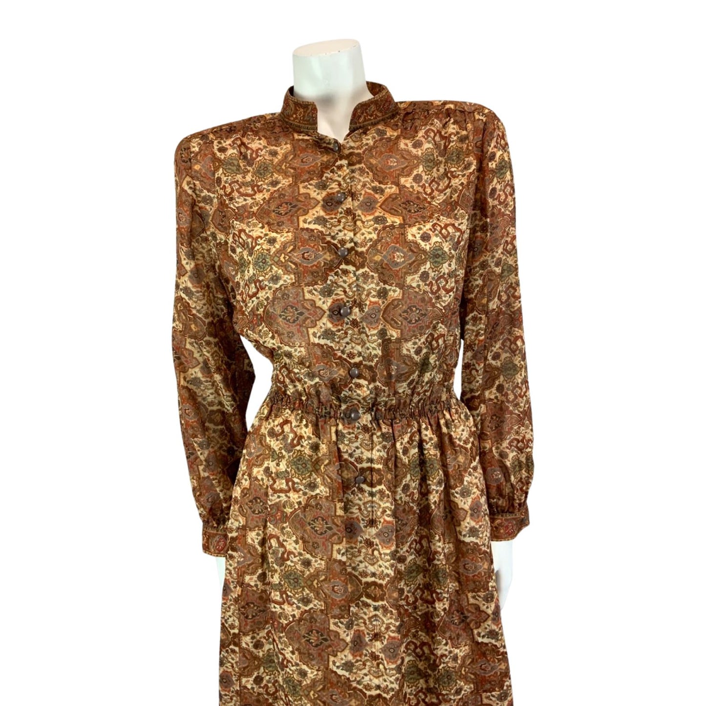 Vintage 80s Brown Louis Feraud Ornamental Patterned Modest Midi Dress M/L 14-16