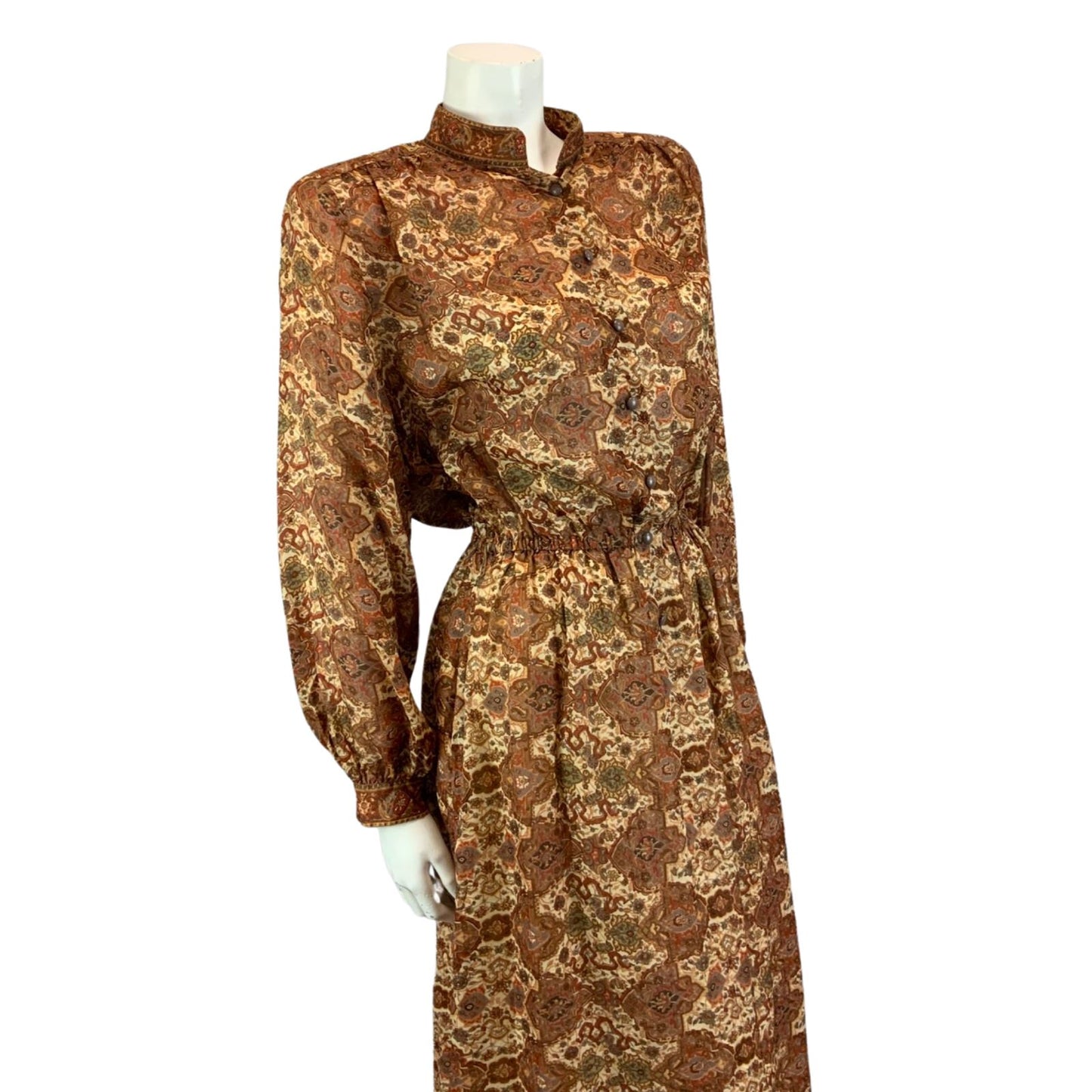 Vintage 80s Brown Louis Feraud Ornamental Patterned Modest Midi Dress M/L 14-16