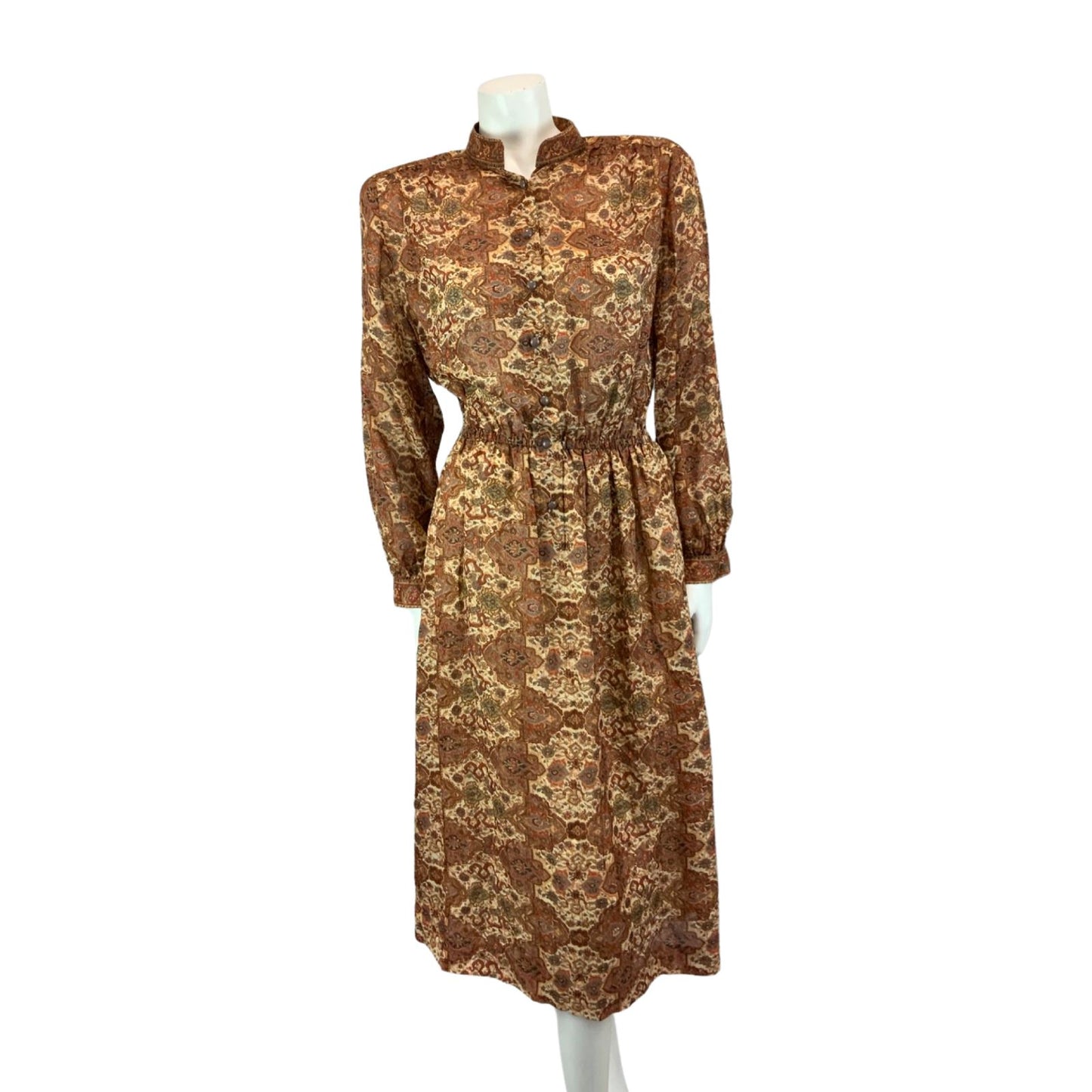 Vintage 80s Brown Louis Feraud Ornamental Patterned Modest Midi Dress M/L 14-16