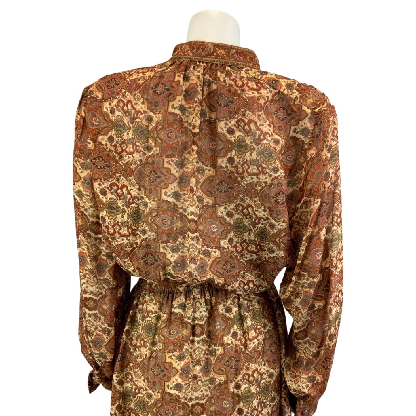Vintage 80s Brown Louis Feraud Ornamental Patterned Modest Midi Dress M/L 14-16