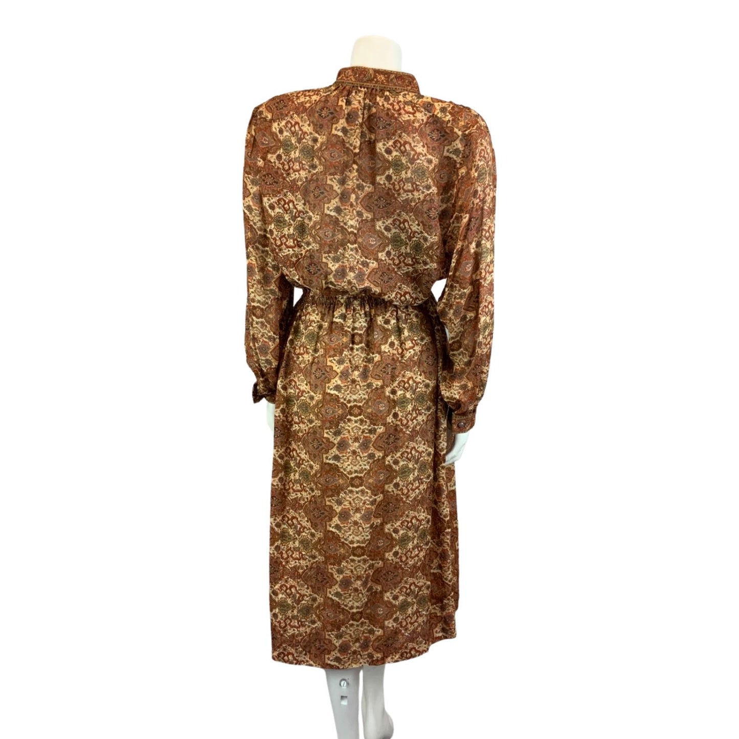 Vintage 80s Brown Louis Feraud Ornamental Patterned Modest Midi Dress M/L 14-16