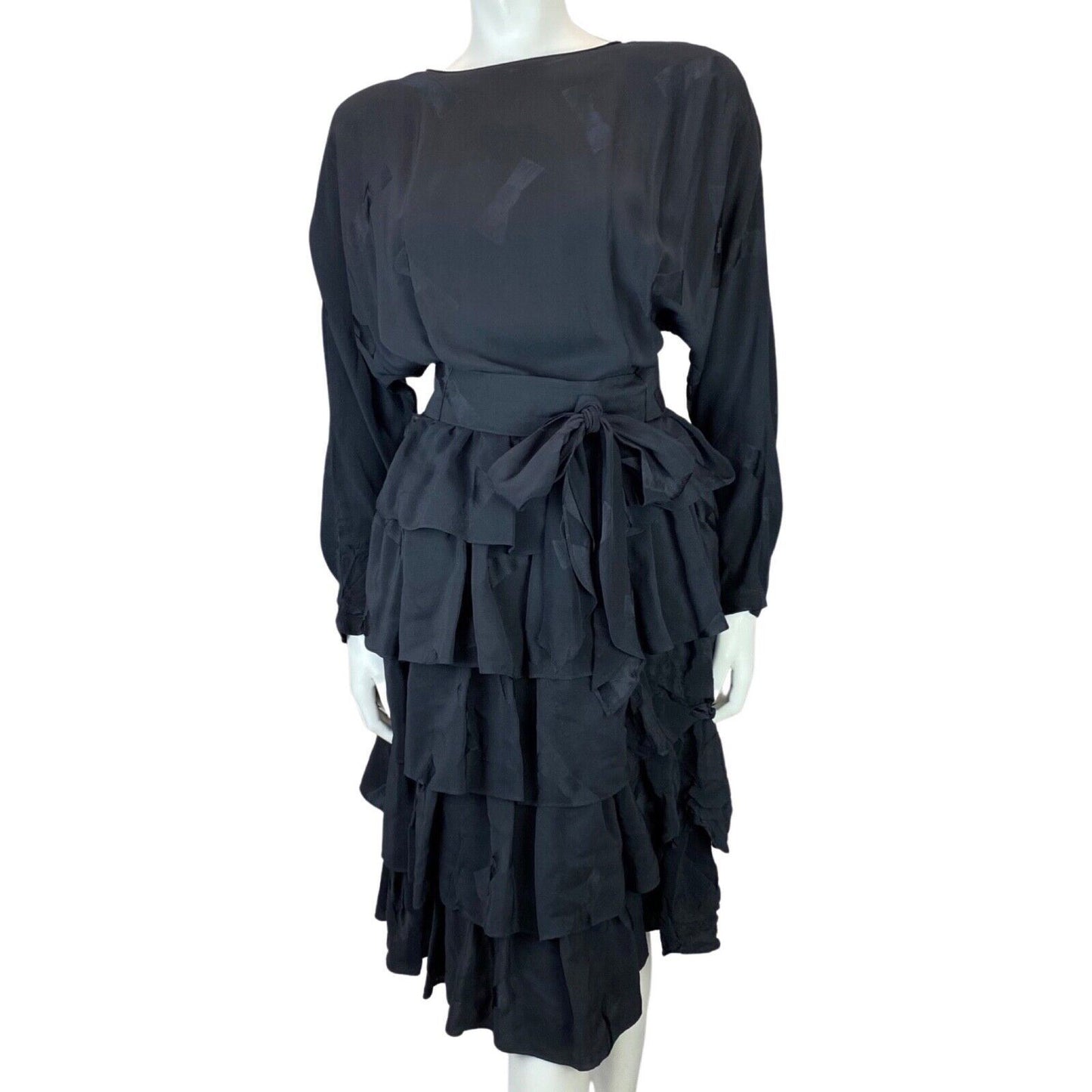 Vintage 80s Black Louis Féraud Bat Wing Belted Ruffle Skirt Dress 10 S