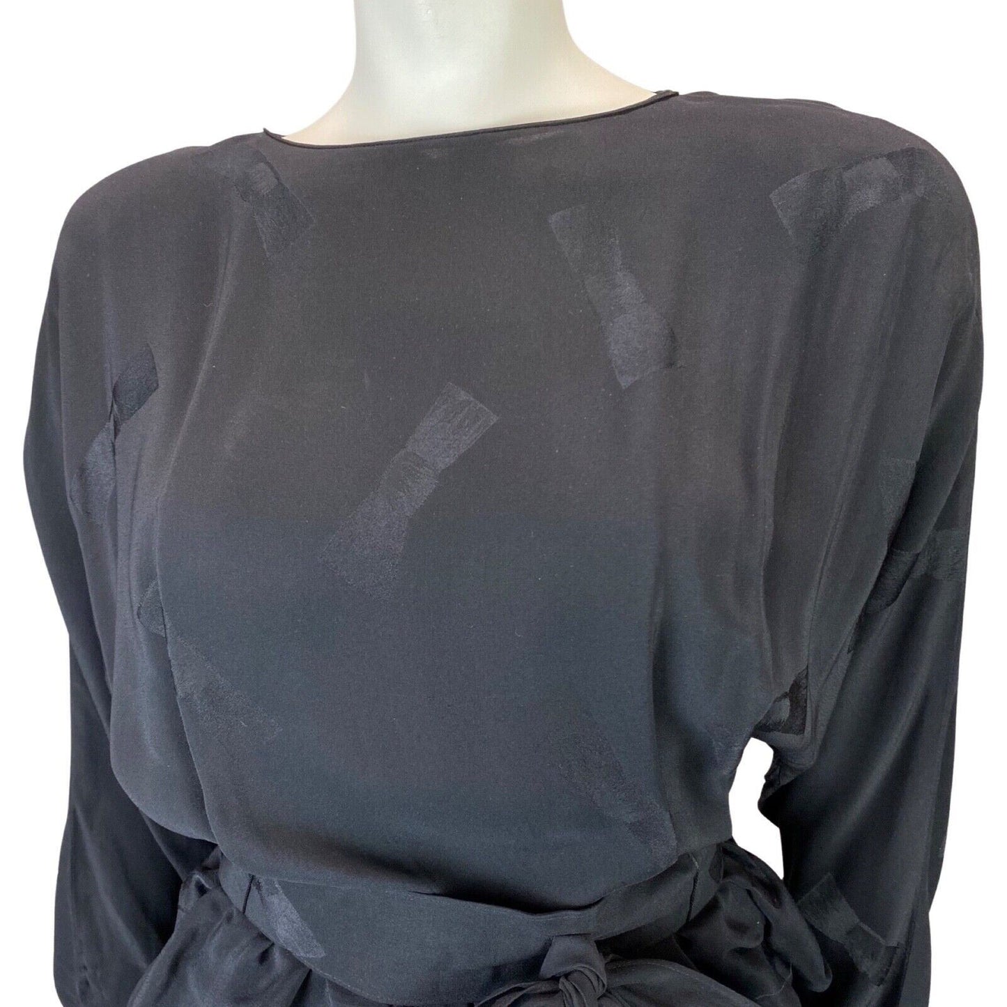 Vintage 80s Black Louis Féraud Bat Wing Belted Ruffle Skirt Dress 10 S