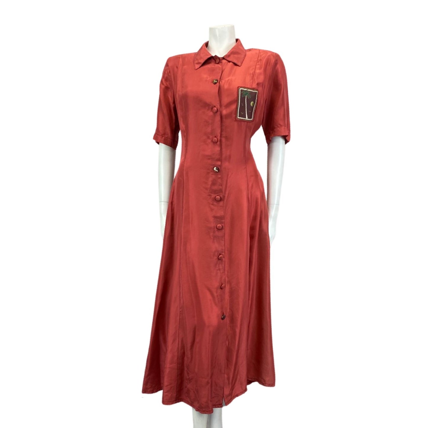 Vintage 80s 90s Red Lily Farouche Short Sleeve Maxi Button Up Silk Shirt Dress L