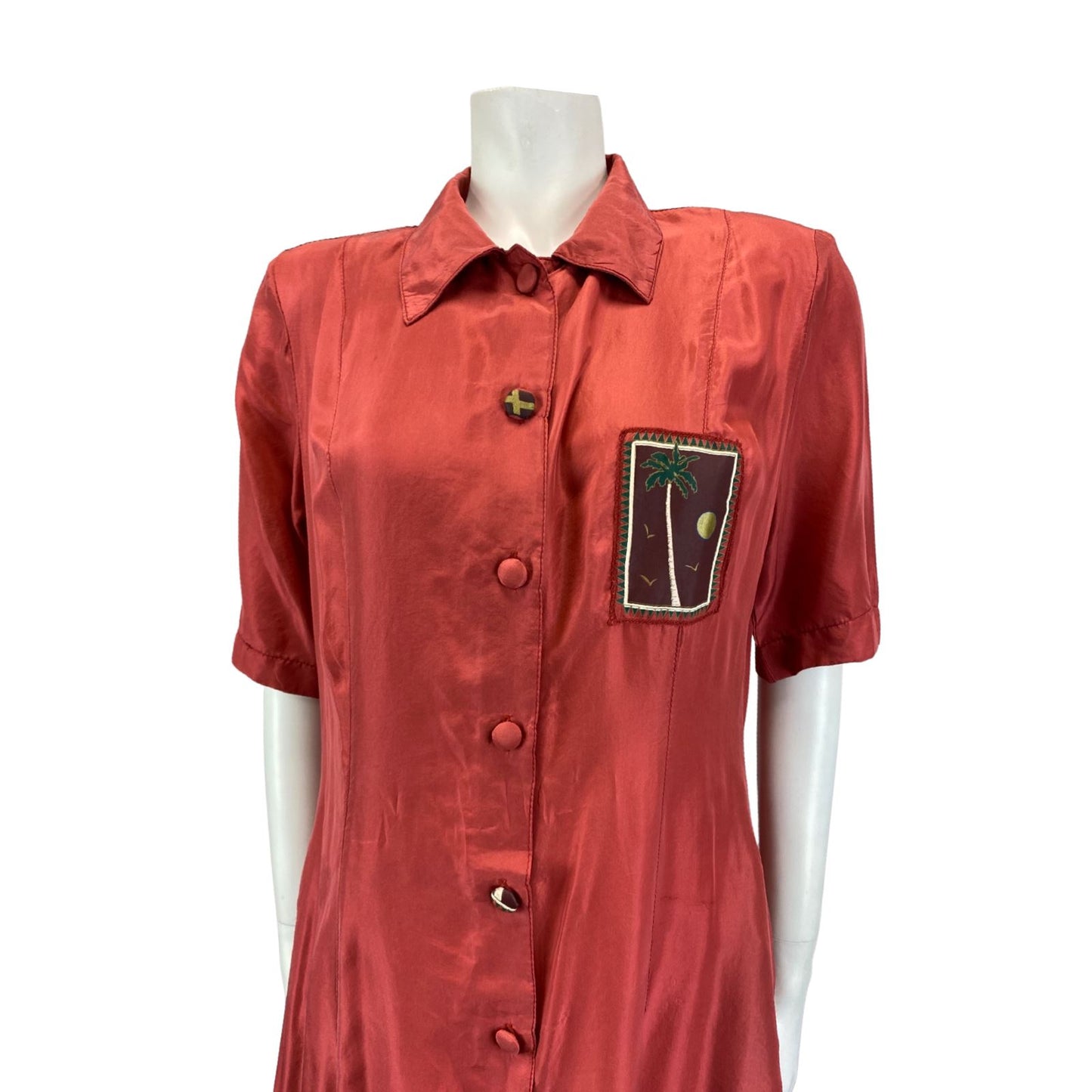 Vintage 80s 90s Red Lily Farouche Short Sleeve Maxi Button Up Silk Shirt Dress L