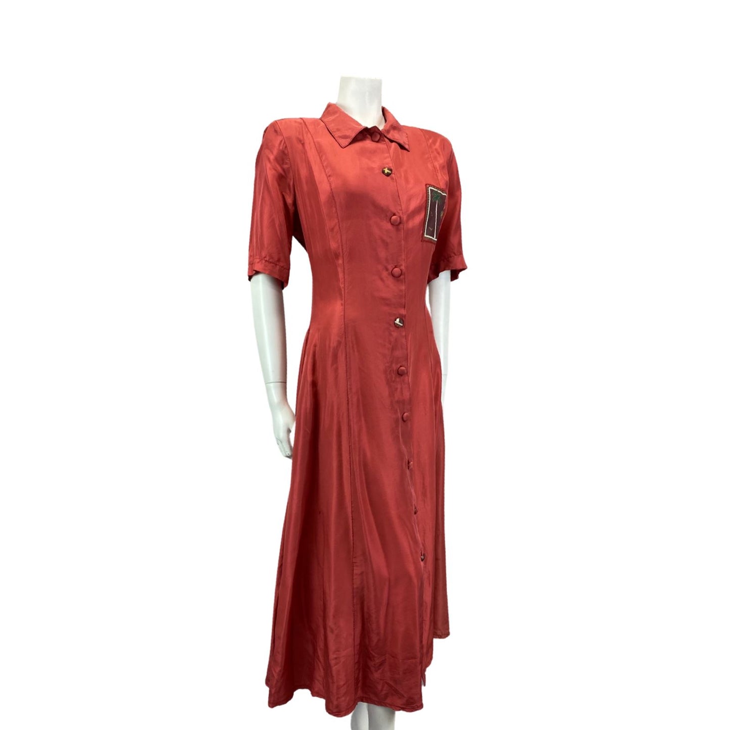 Vintage 80s 90s Red Lily Farouche Short Sleeve Maxi Button Up Silk Shirt Dress L