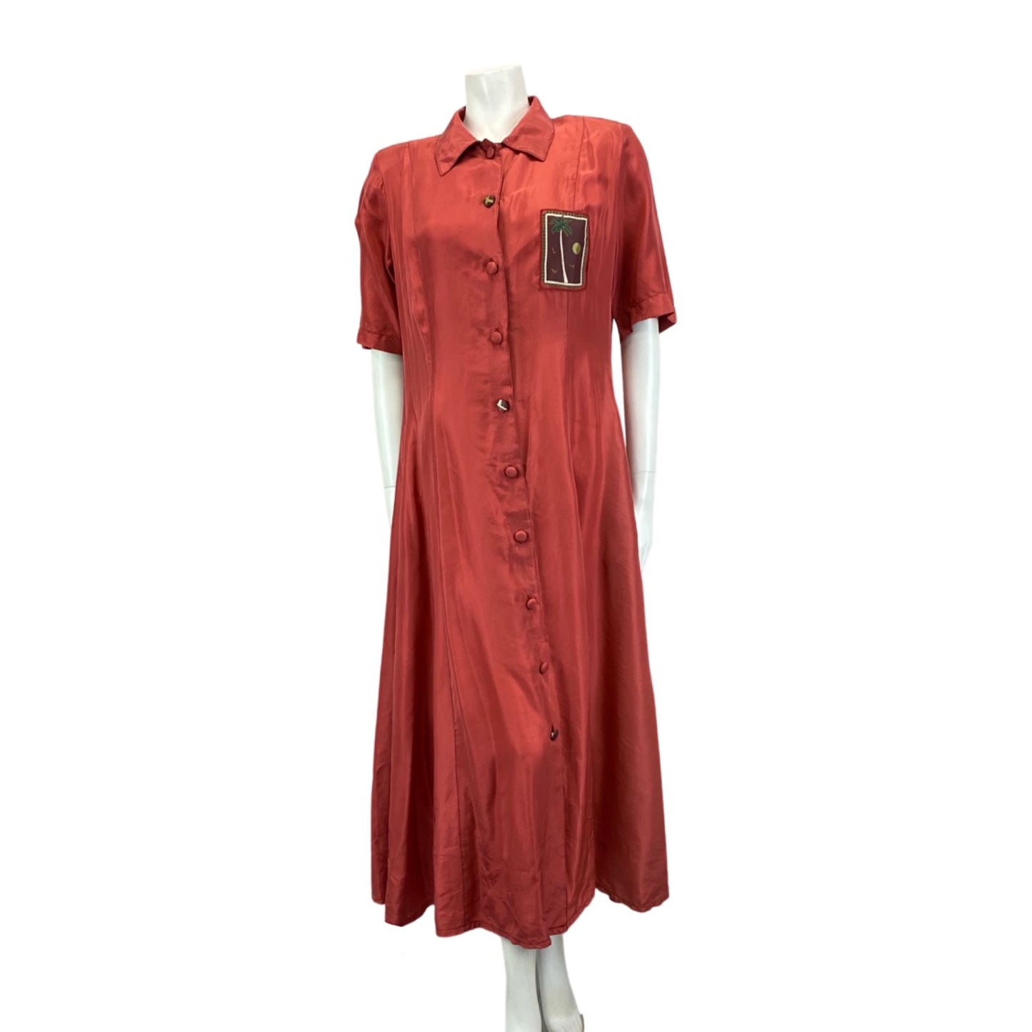 Vintage 80s 90s Red Lily Farouche Short Sleeve Maxi Button Up Silk Shirt Dress L