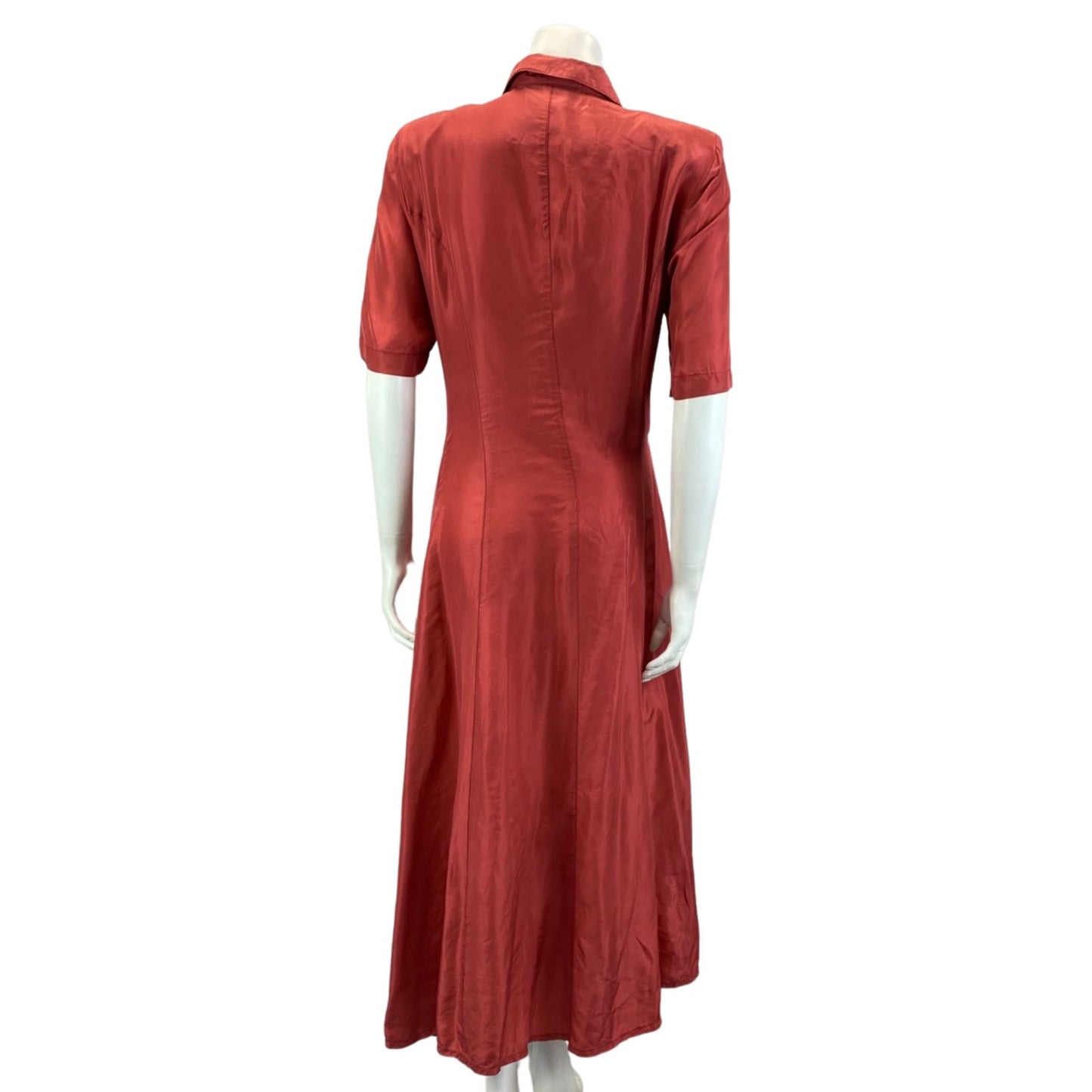 Vintage 80s 90s Red Lily Farouche Short Sleeve Maxi Button Up Silk Shirt Dress L