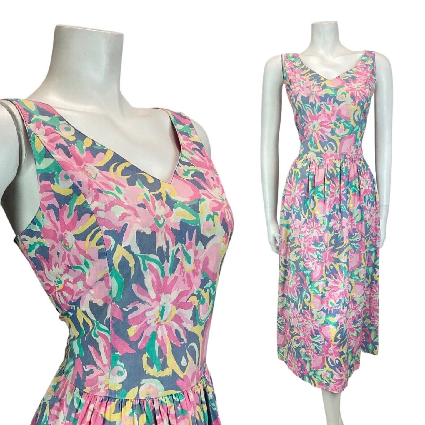Vintage 80s Pink Purple Yellow Laura Ashley Floral Empire Dress 8 10 S
