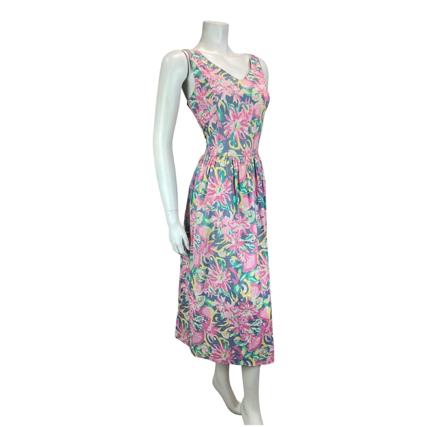 Vintage 80s Pink Purple Yellow Laura Ashley Floral Empire Dress 8 10 S