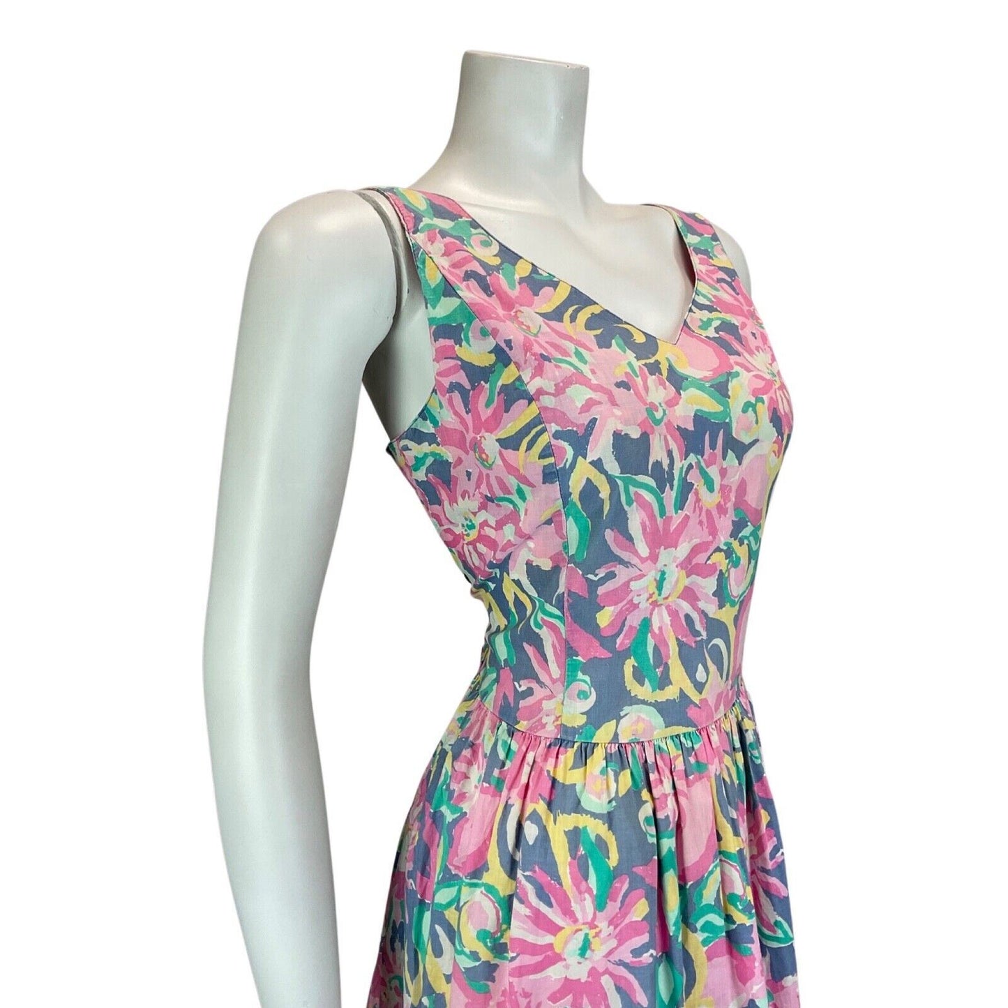 Vintage 80s Pink Purple Yellow Laura Ashley Floral Empire Dress 8 10 S