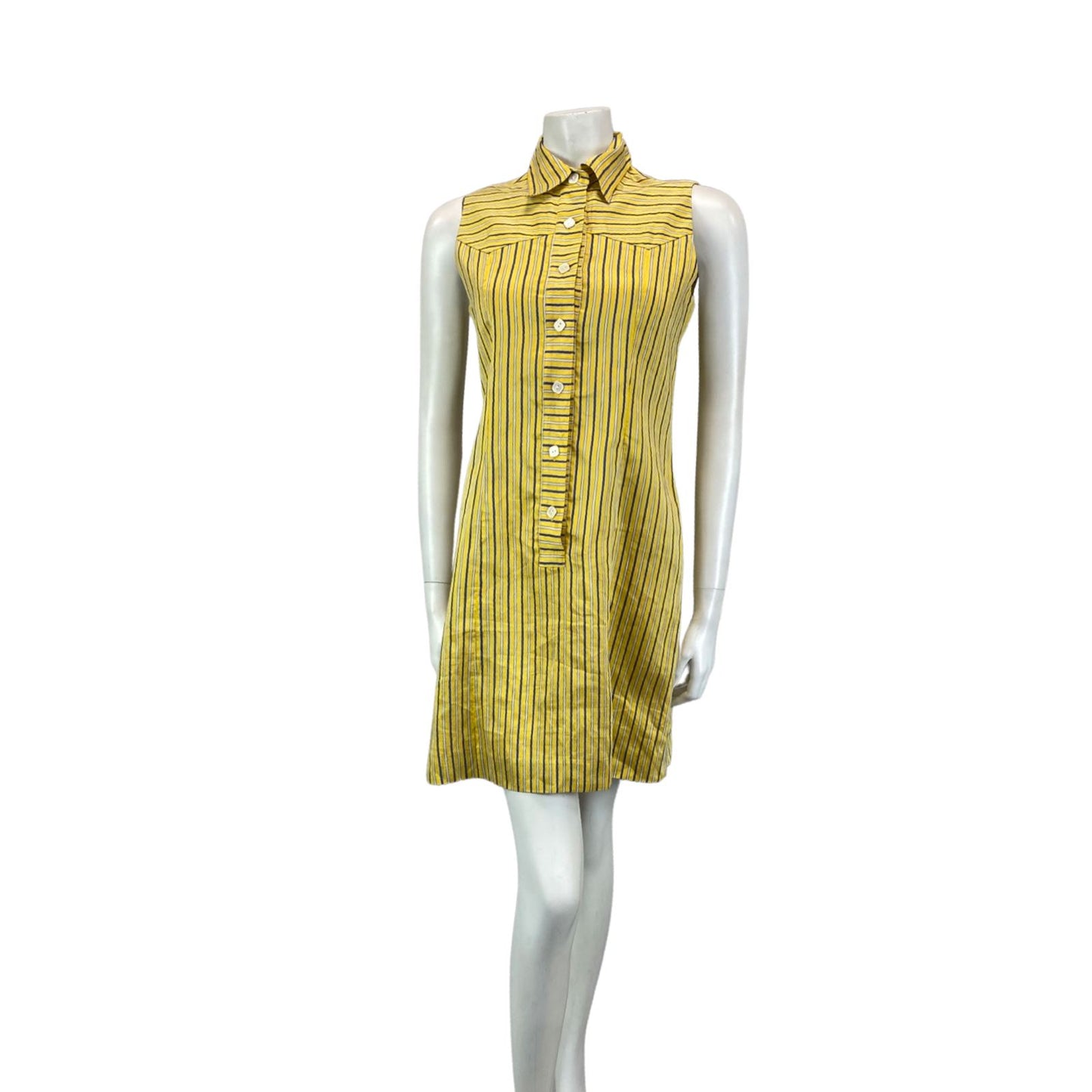 Vintage 90s Pringle Yellow Blue Striped Button Summer Shirt Dress 8 10 S