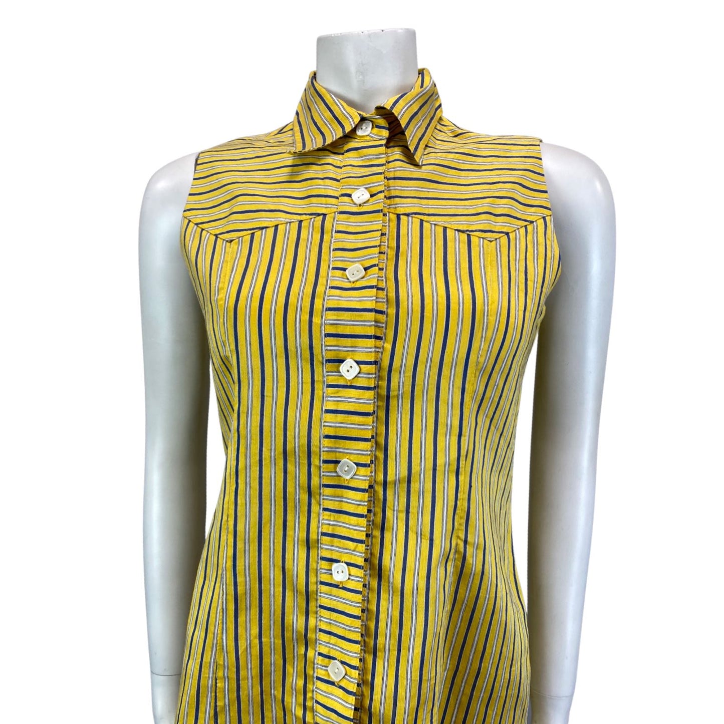 Vintage 90s Pringle Yellow Blue Striped Button Summer Shirt Dress 8 10 S