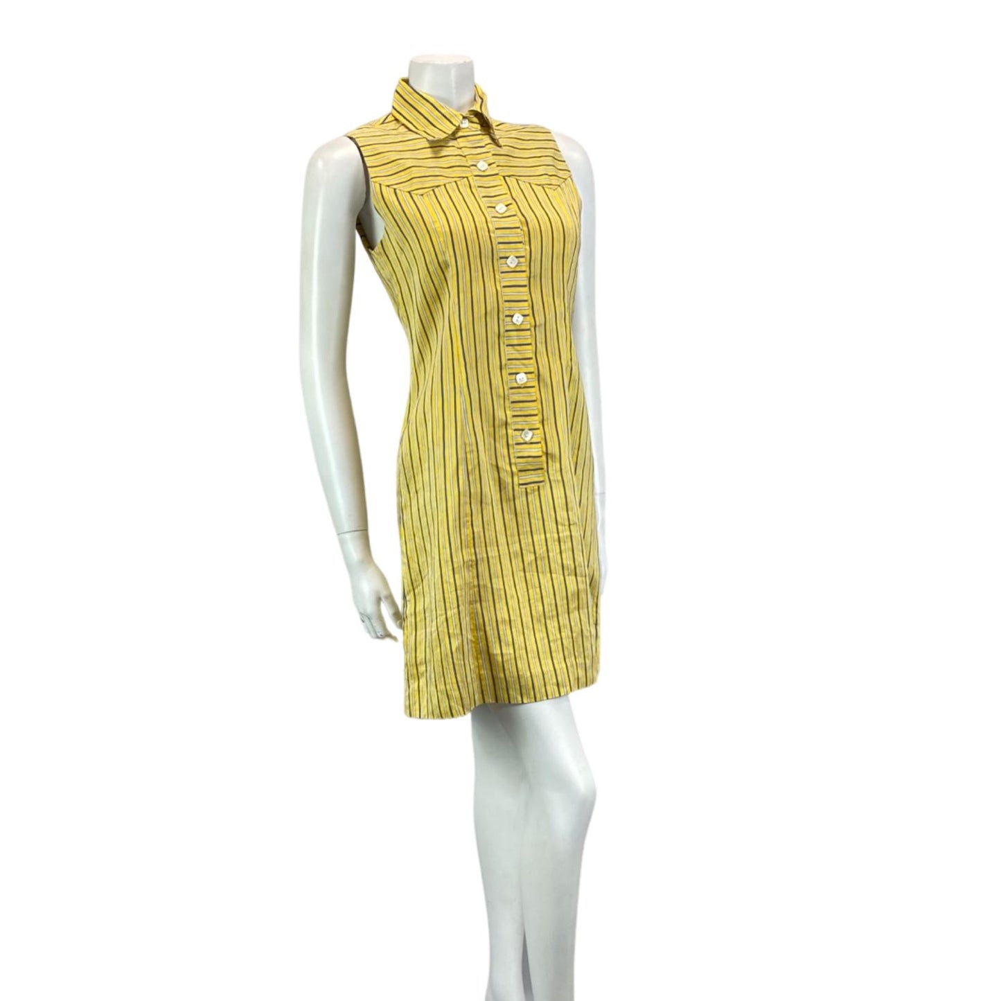 Vintage 90s Pringle Yellow Blue Striped Button Summer Shirt Dress 8 10 S