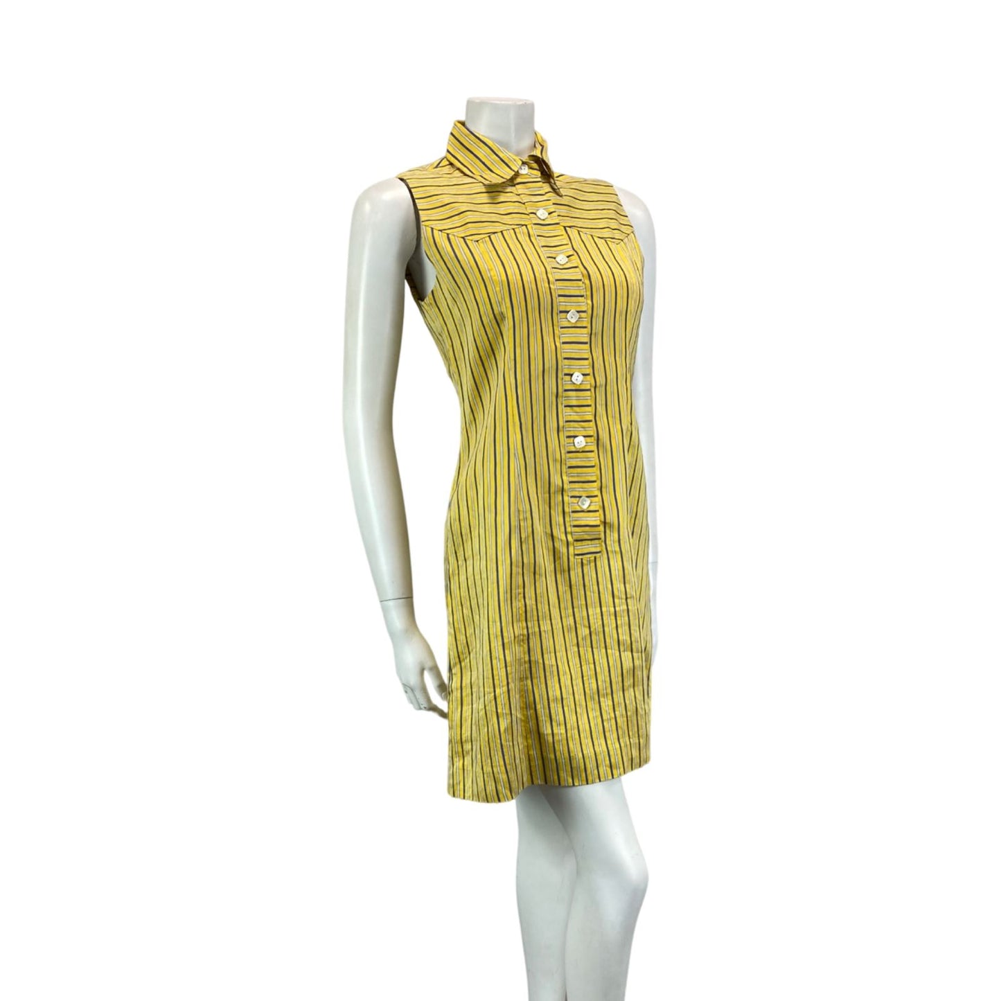 Vintage 90s Pringle Yellow Blue Striped Button Summer Shirt Dress 8 10 S