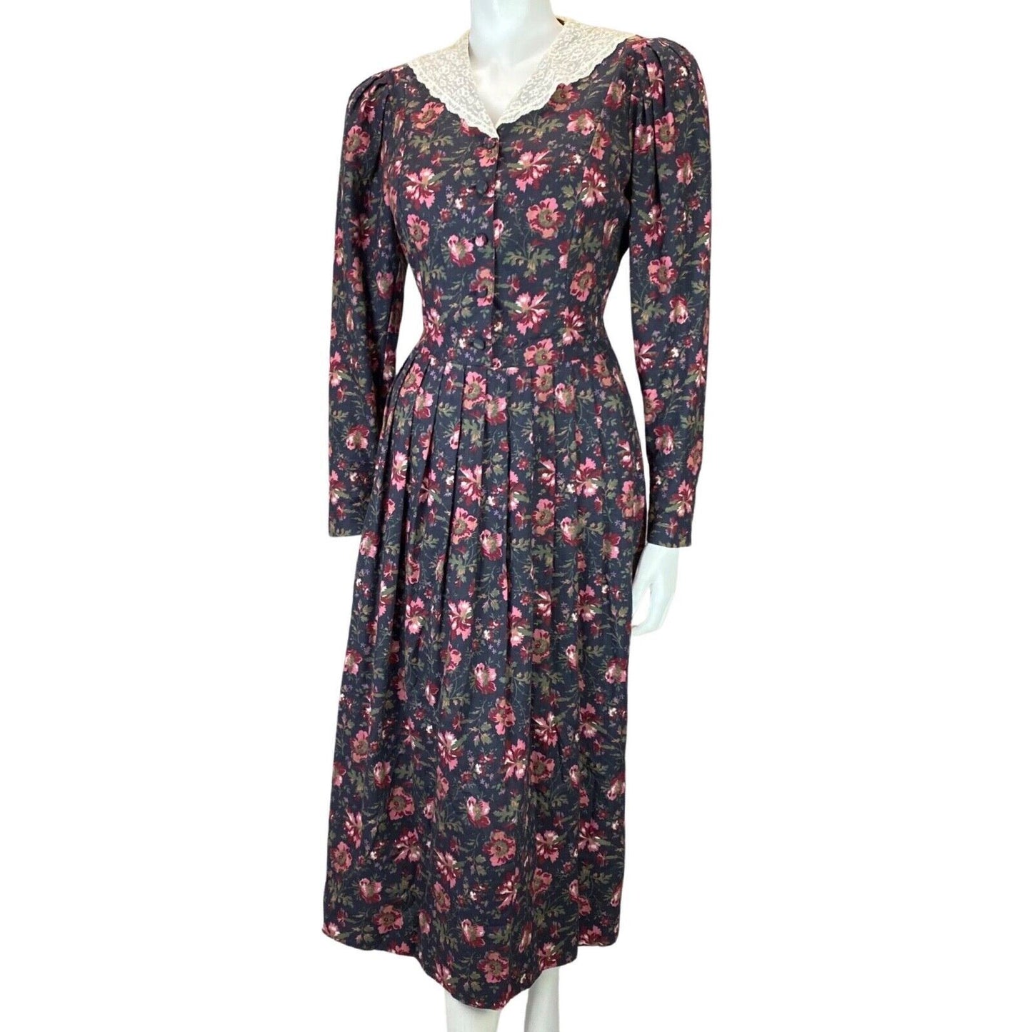 Vintage 80s Laura Ashley Charcoal Pink Floral Lace Trim Long Sleeve Dress 8 10 S