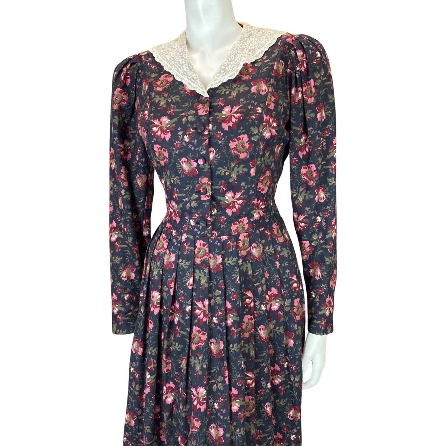 Vintage 80s Laura Ashley Charcoal Pink Floral Lace Trim Long Sleeve Dress 8 10 S