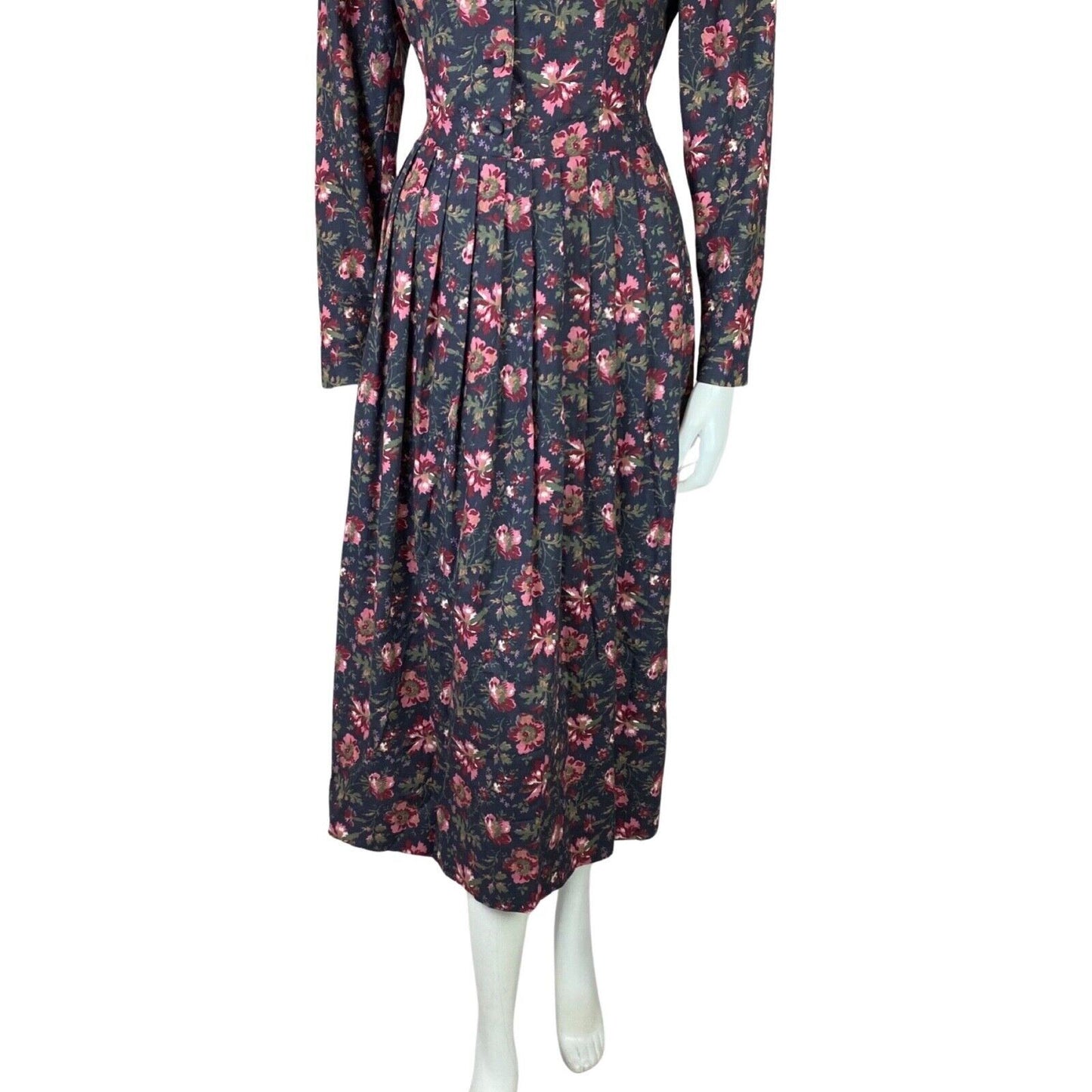 Vintage 80s Laura Ashley Charcoal Pink Floral Lace Trim Long Sleeve Dress 8 10 S