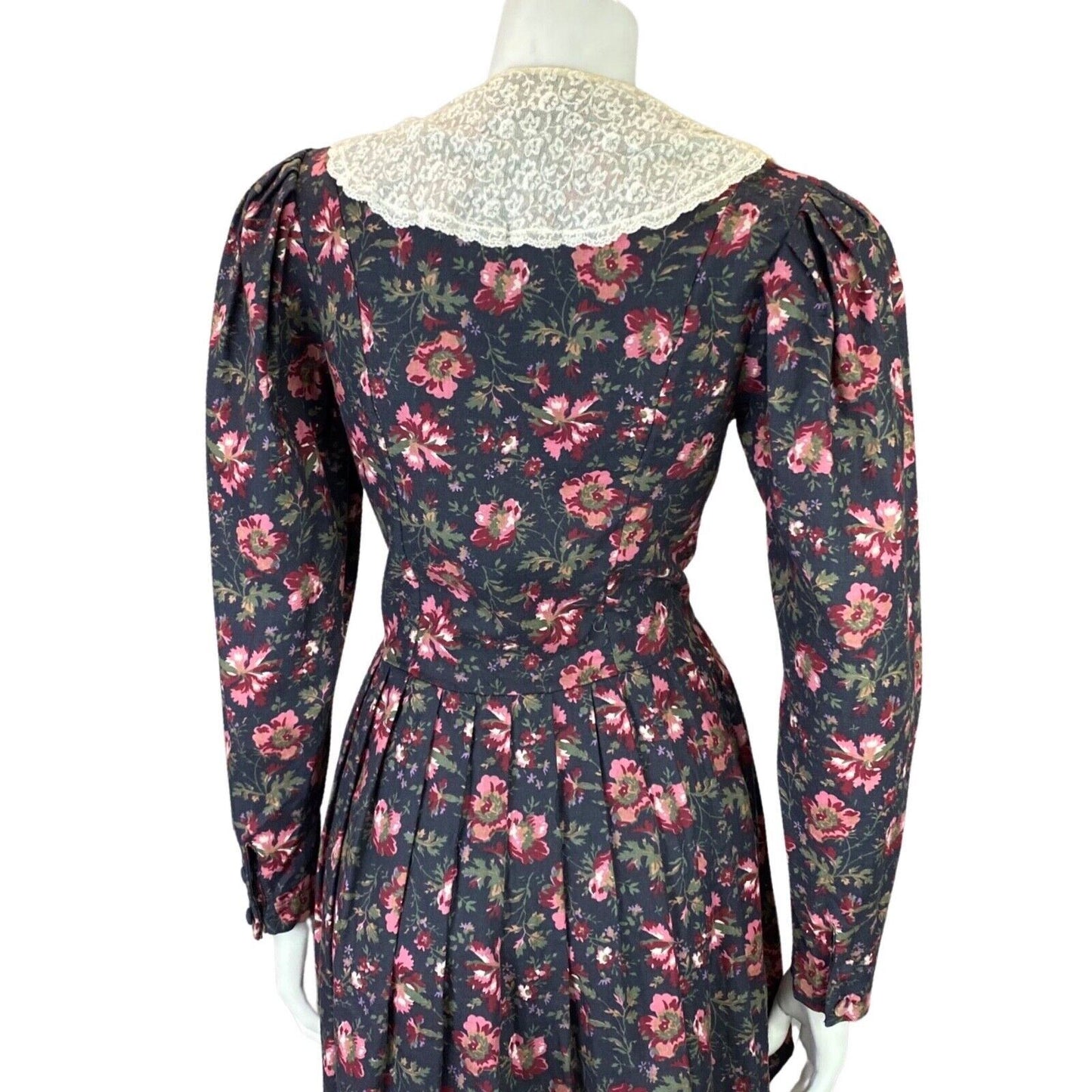 Vintage 80s Laura Ashley Charcoal Pink Floral Lace Trim Long Sleeve Dress 8 10 S