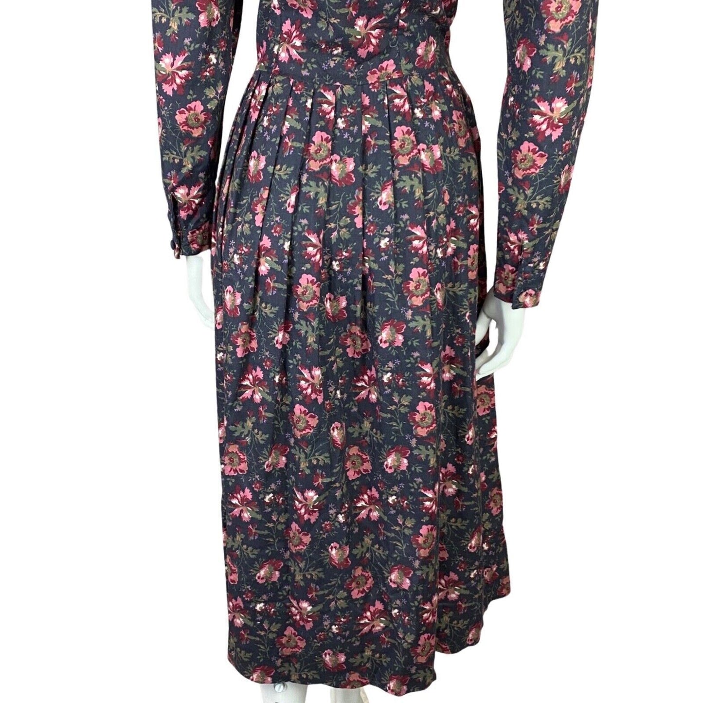 Vintage 80s Laura Ashley Charcoal Pink Floral Lace Trim Long Sleeve Dress 8 10 S