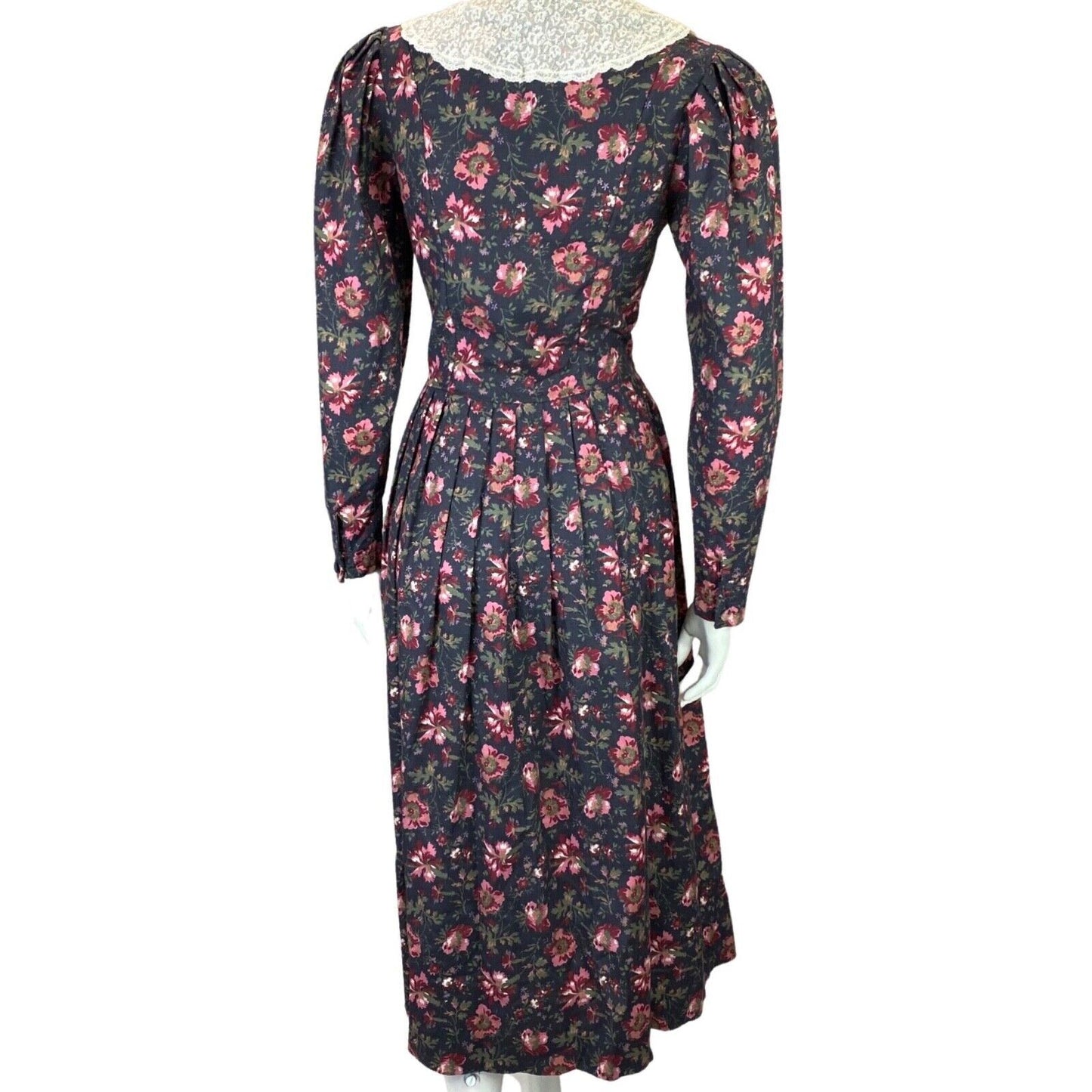 Vintage 80s Laura Ashley Charcoal Pink Floral Lace Trim Long Sleeve Dress 8 10 S