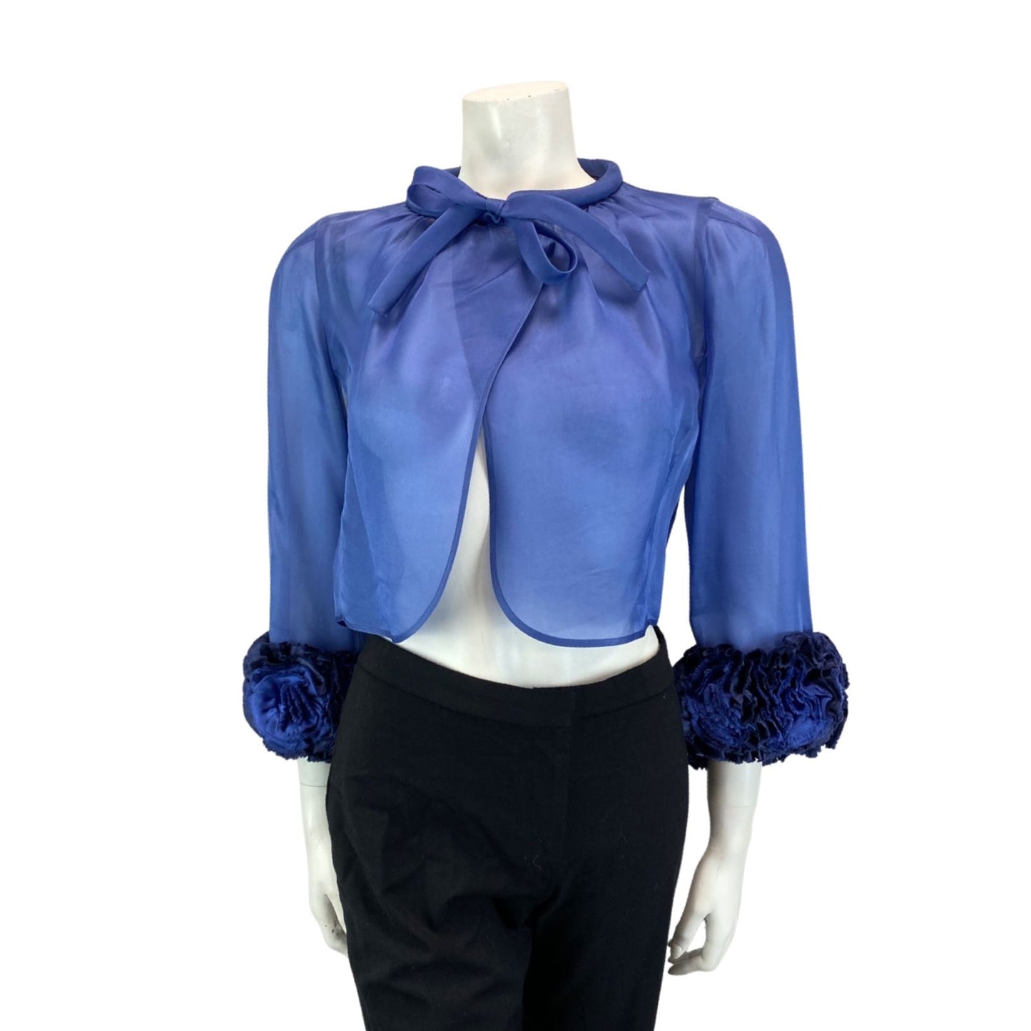 VINTAGE 80S BLUE SHEER FLROAL PARTY DISCO BOLERO STATEMENT SHRUG 8 10 S