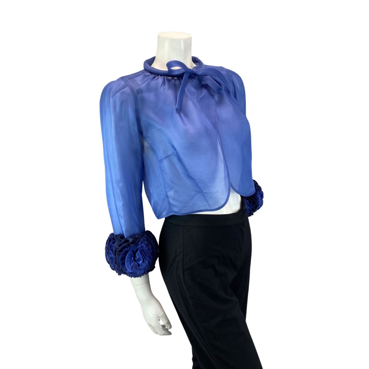 VINTAGE 80S BLUE SHEER FLROAL PARTY DISCO BOLERO STATEMENT SHRUG 8 10 S