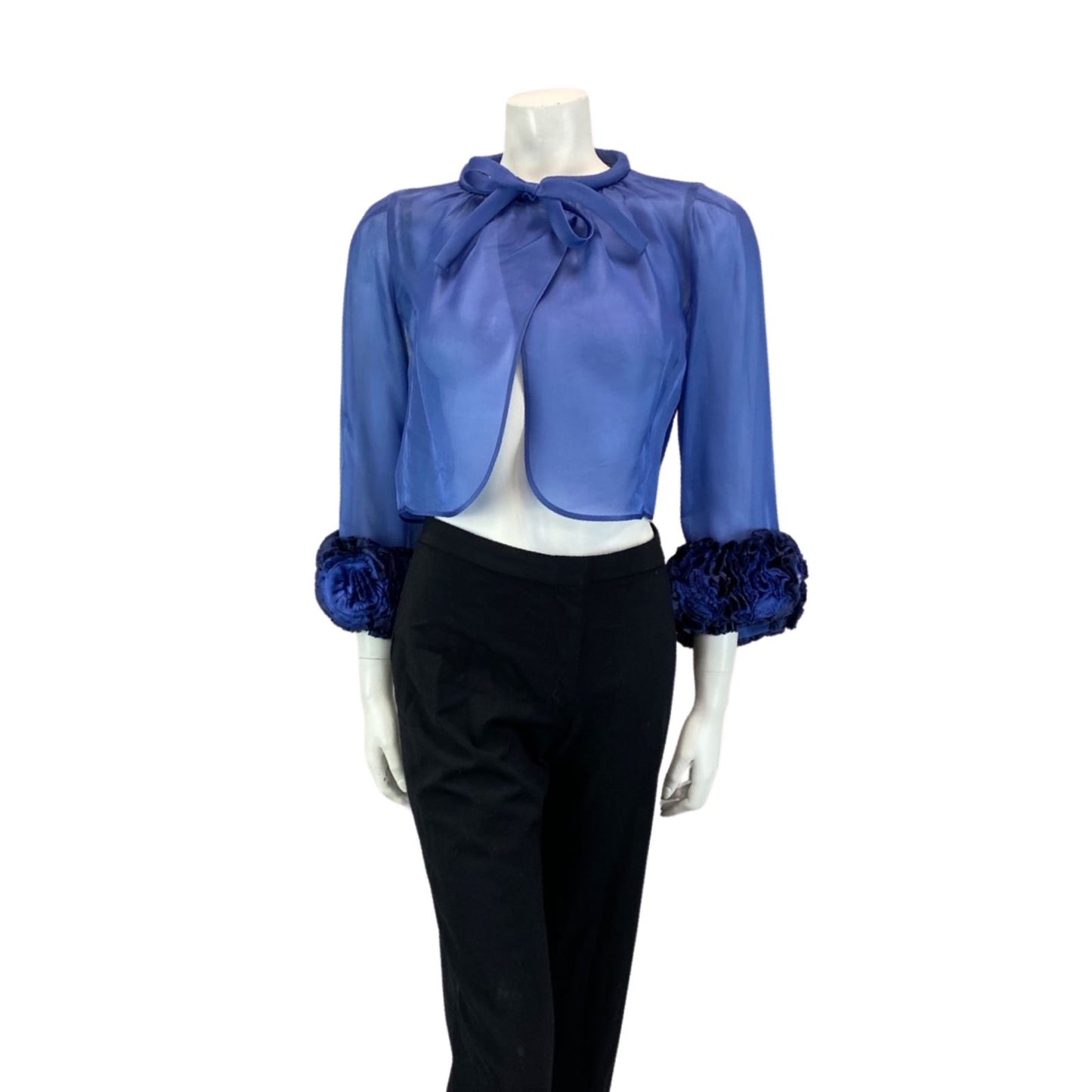 VINTAGE 80S BLUE SHEER FLROAL PARTY DISCO BOLERO STATEMENT SHRUG 8 10 S