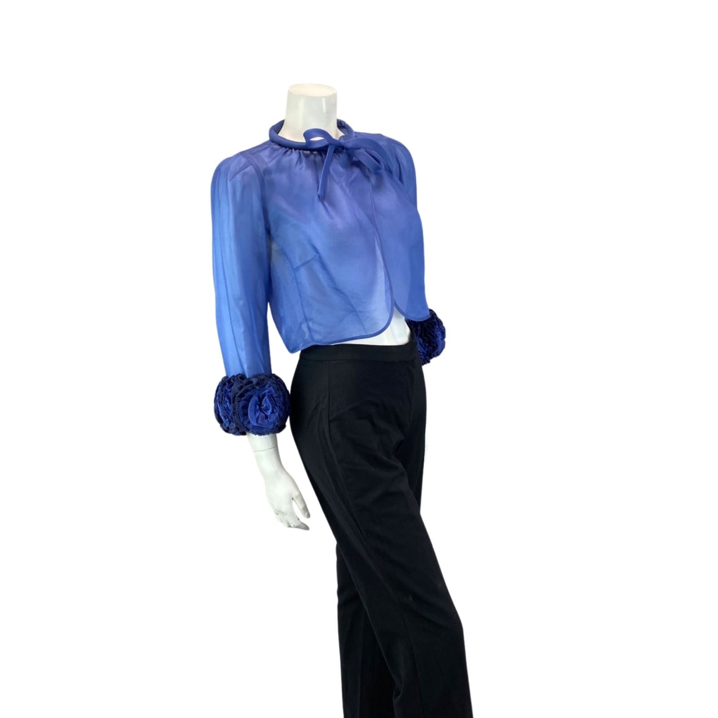 VINTAGE 80S BLUE SHEER FLROAL PARTY DISCO BOLERO STATEMENT SHRUG 8 10 S