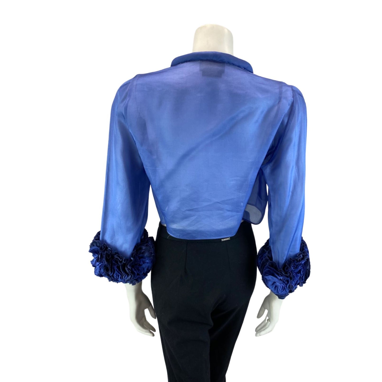 VINTAGE 80S BLUE SHEER FLROAL PARTY DISCO BOLERO STATEMENT SHRUG 8 10 S
