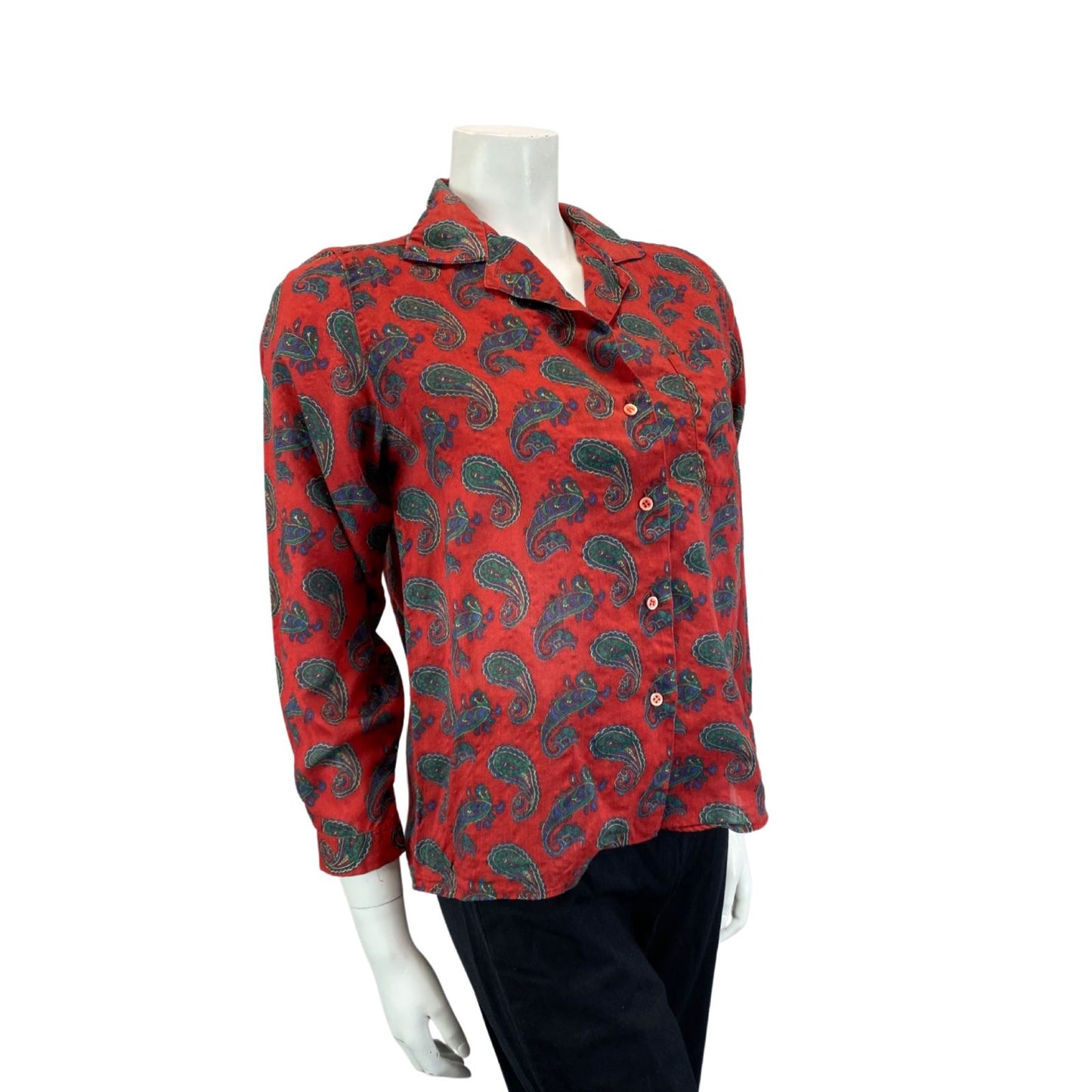 VINTAGE 80S RED BLUE GREEN CACHAREL PAISLEY BOHO 70S BLOUSE SHIRT 12 14 M