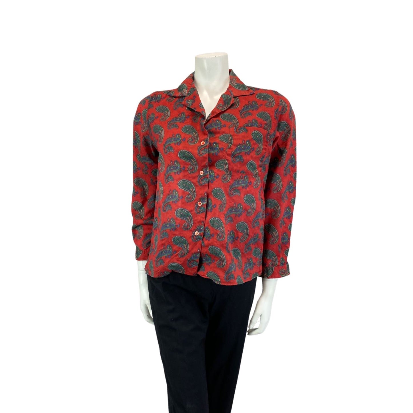 VINTAGE 80S RED BLUE GREEN CACHAREL PAISLEY BOHO 70S BLOUSE SHIRT 12 14 M