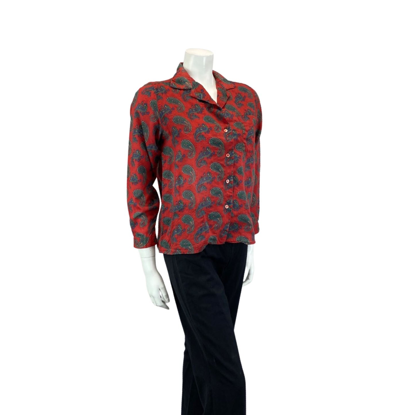 VINTAGE 80S RED BLUE GREEN CACHAREL PAISLEY BOHO 70S BLOUSE SHIRT 12 14 M