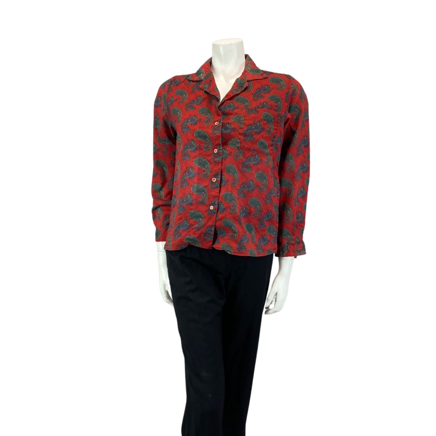 VINTAGE 80S RED BLUE GREEN CACHAREL PAISLEY BOHO 70S BLOUSE SHIRT 12 14 M