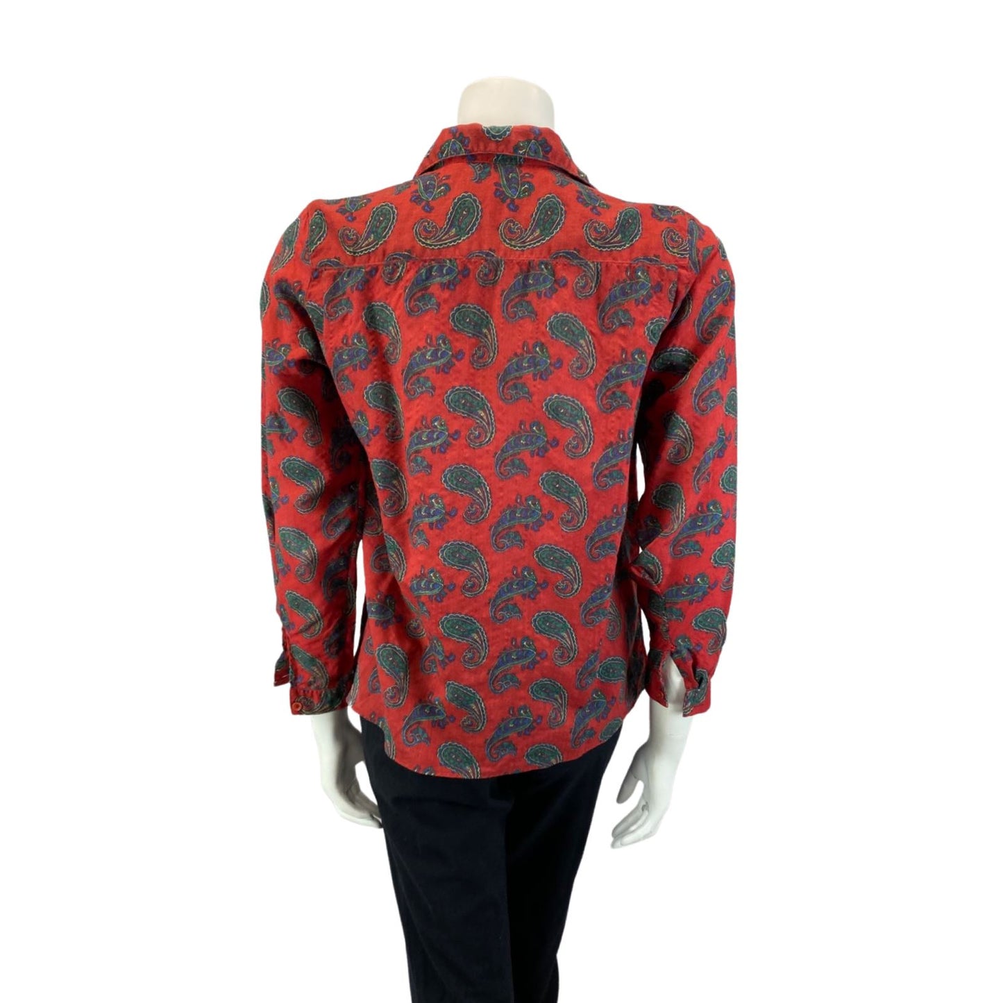 VINTAGE 80S RED BLUE GREEN CACHAREL PAISLEY BOHO 70S BLOUSE SHIRT 12 14 M