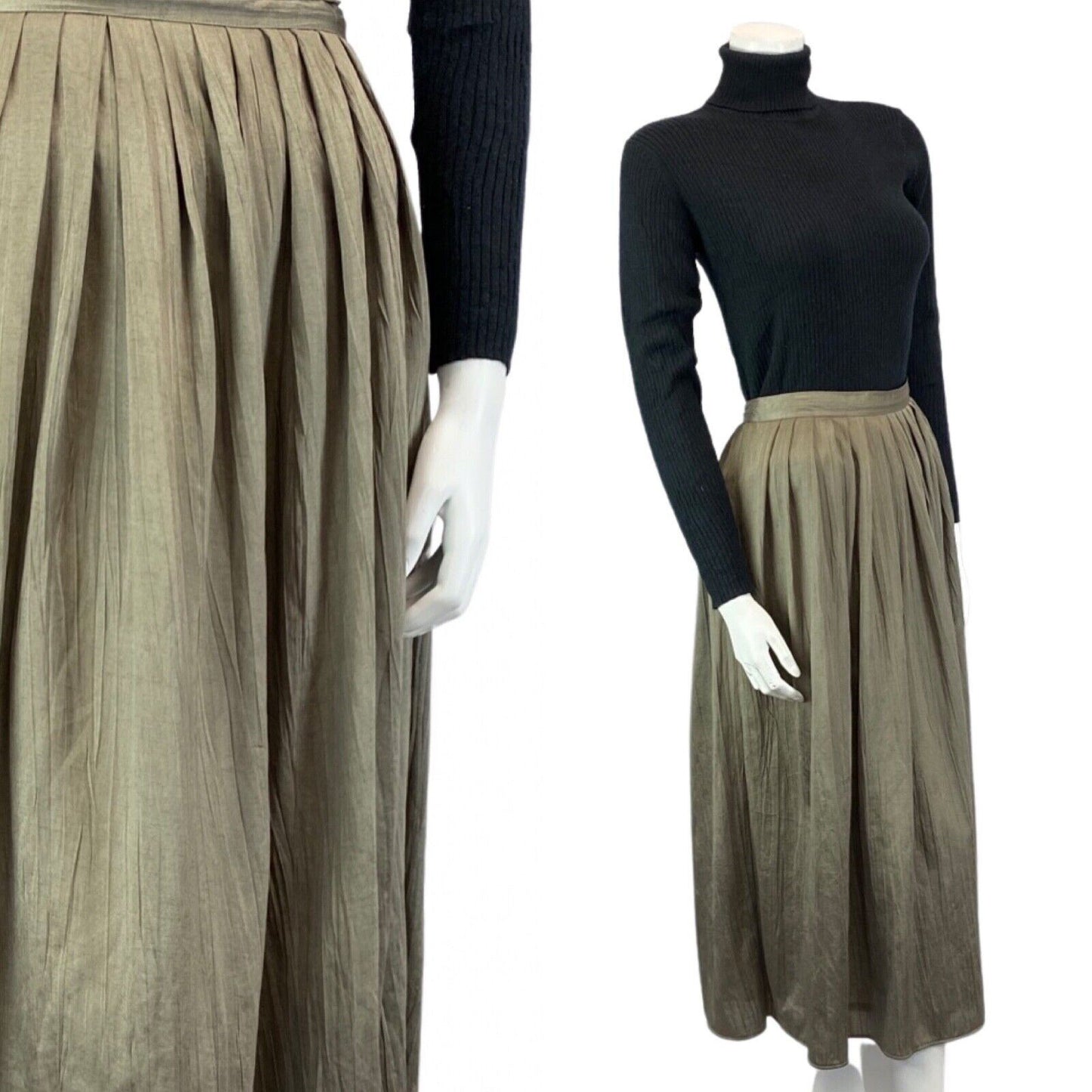 Vintage Khaki Green 90s Cacharel Long Maxi Pleated A-Line Circle Skirt S 8 10