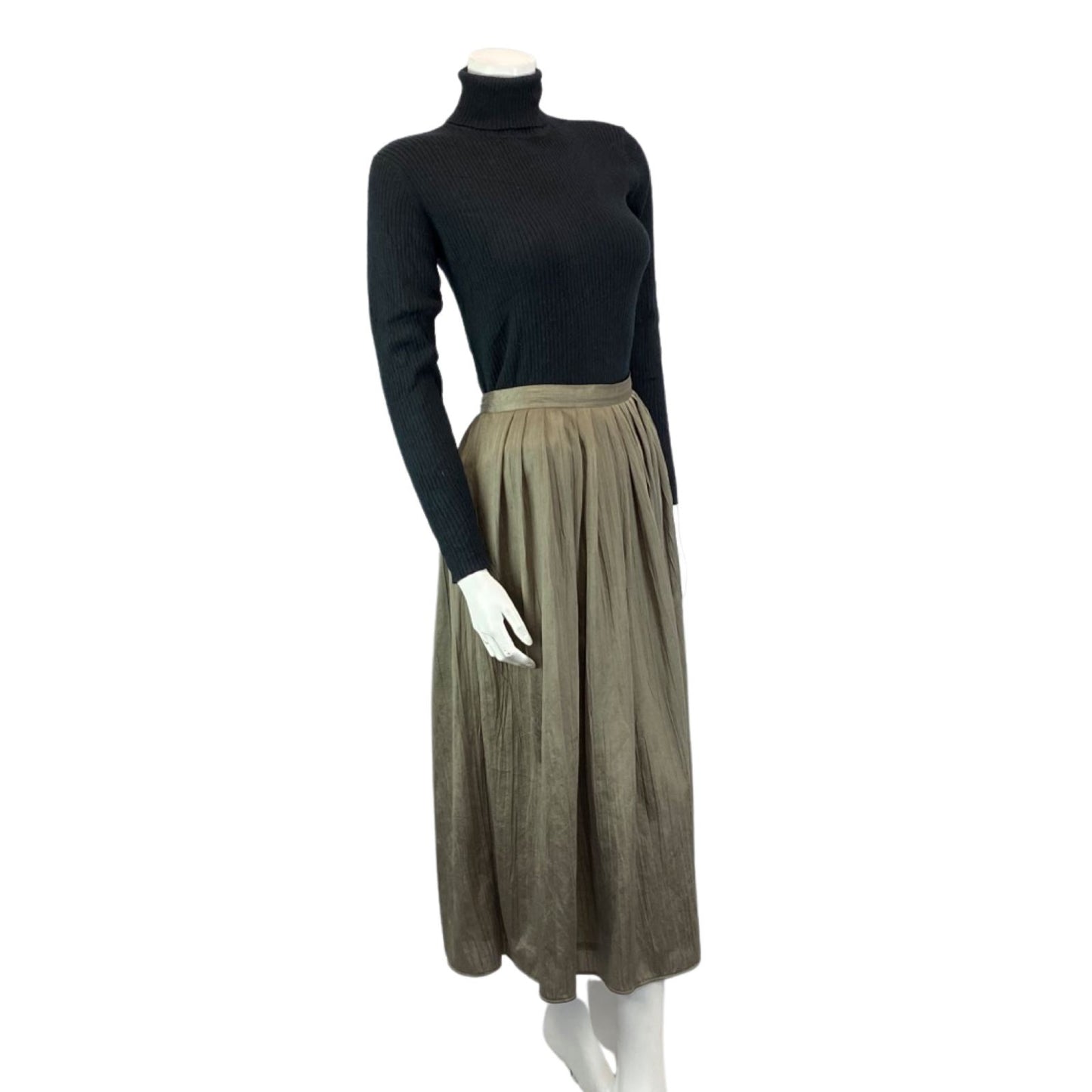 Vintage Khaki Green 90s Cacharel Long Maxi Pleated A-Line Circle Skirt S 8 10