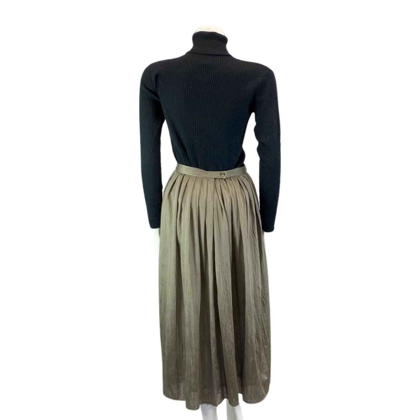 Vintage Khaki Green 90s Cacharel Long Maxi Pleated A-Line Circle Skirt S 8 10