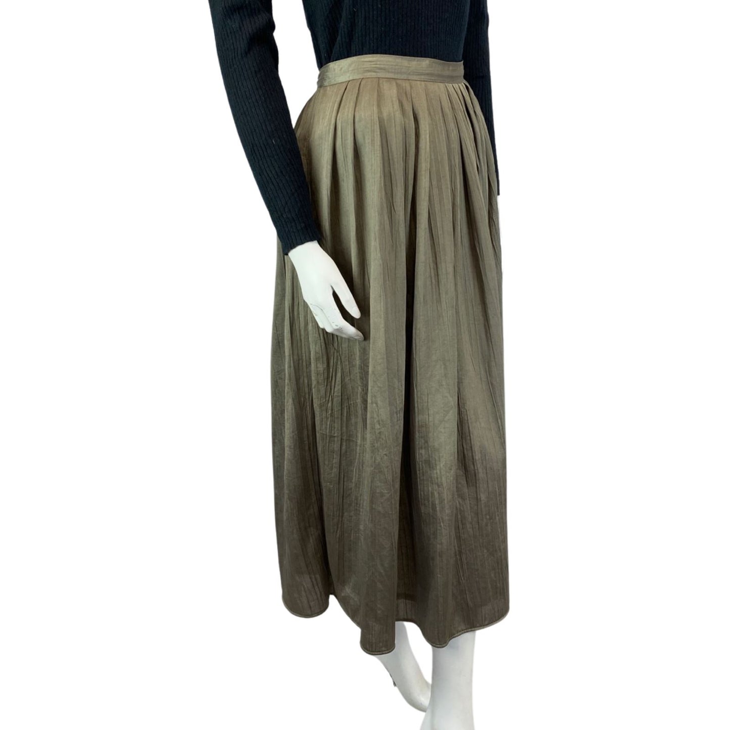 Vintage Khaki Green 90s Cacharel Long Maxi Pleated A-Line Circle Skirt S 8 10