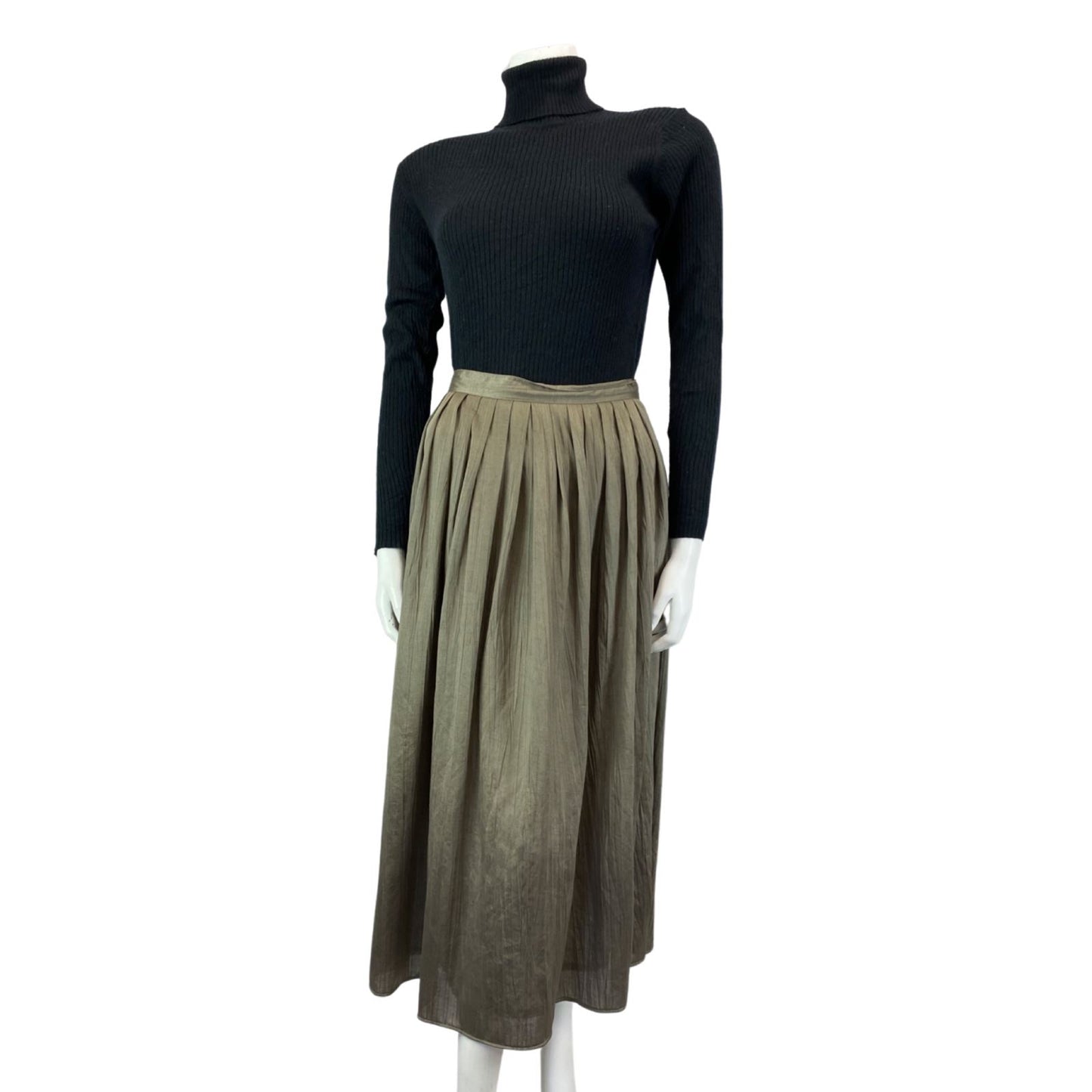 Vintage Khaki Green 90s Cacharel Long Maxi Pleated A-Line Circle Skirt S 8 10