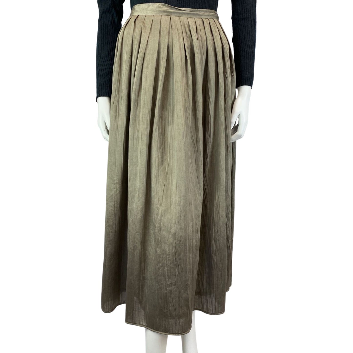 Vintage Khaki Green 90s Cacharel Long Maxi Pleated A-Line Circle Skirt S 8 10