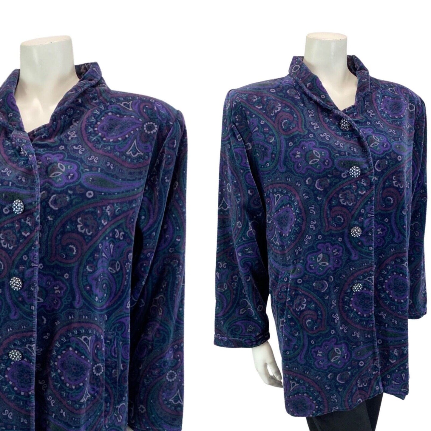 VINTAGE 70S 80S BLUE PURPLE BETTY BARCLAY VELVET PAISLEY PARTY BLOUSE JACKET M
