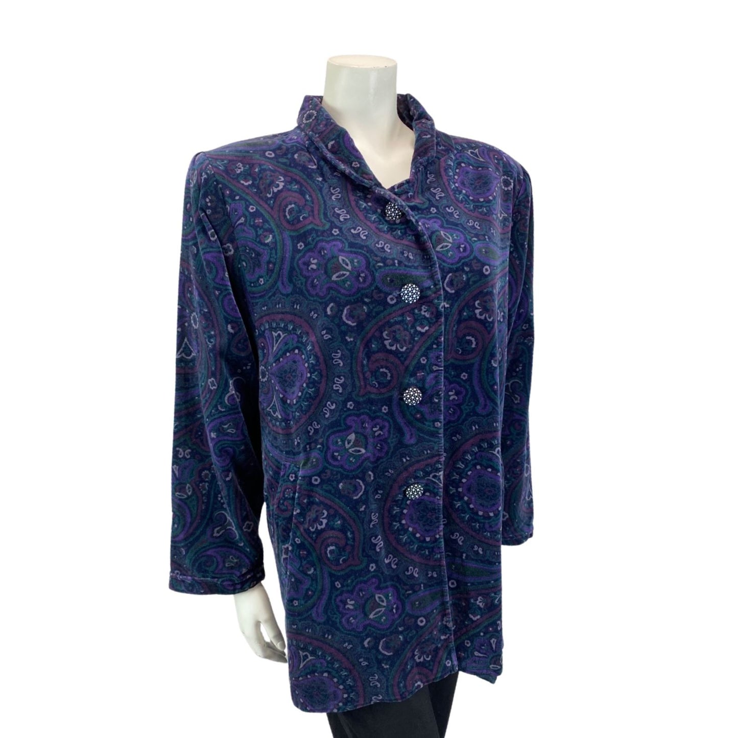 VINTAGE 70S 80S BLUE PURPLE BETTY BARCLAY VELVET PAISLEY PARTY BLOUSE JACKET M