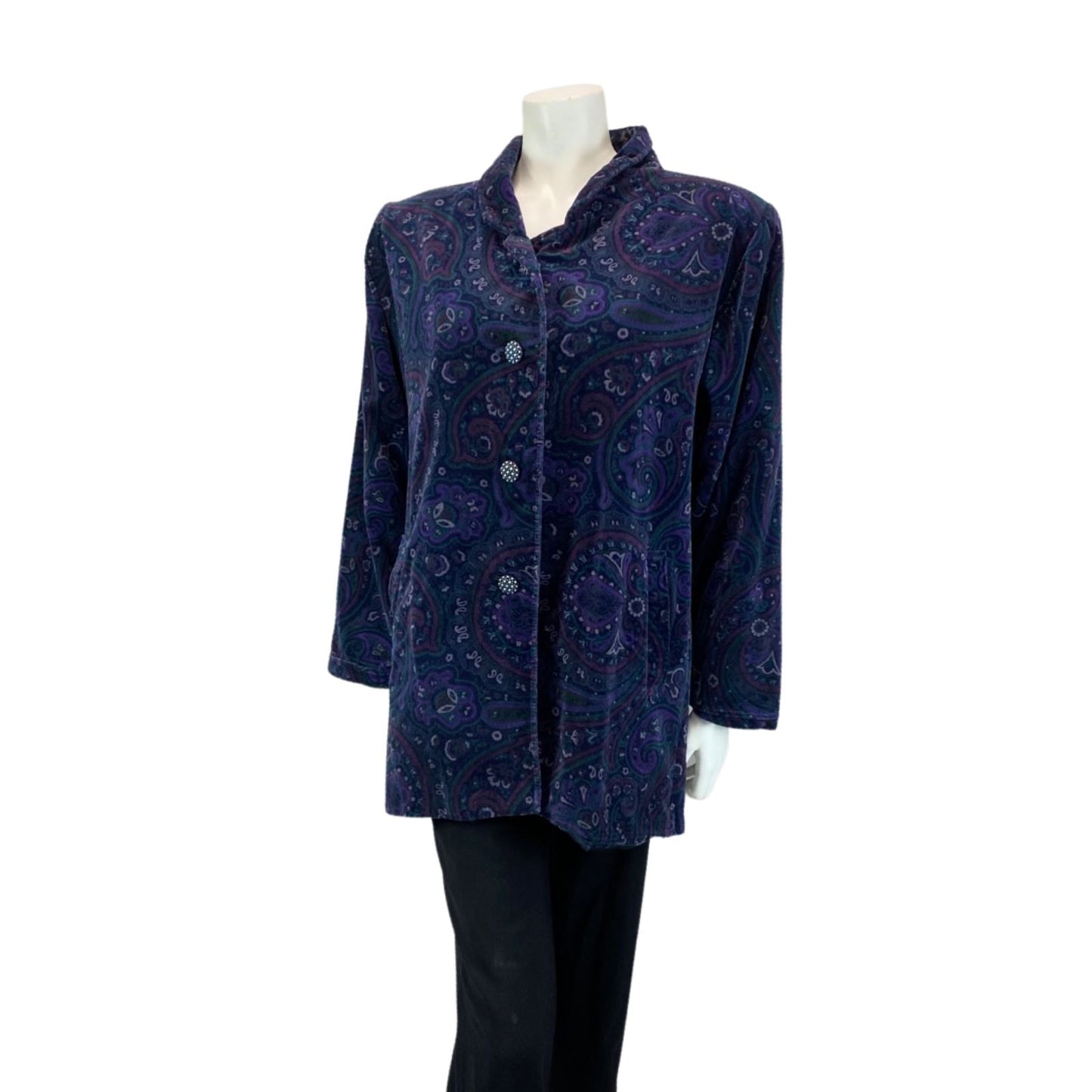 VINTAGE 70S 80S BLUE PURPLE BETTY BARCLAY VELVET PAISLEY PARTY BLOUSE JACKET M