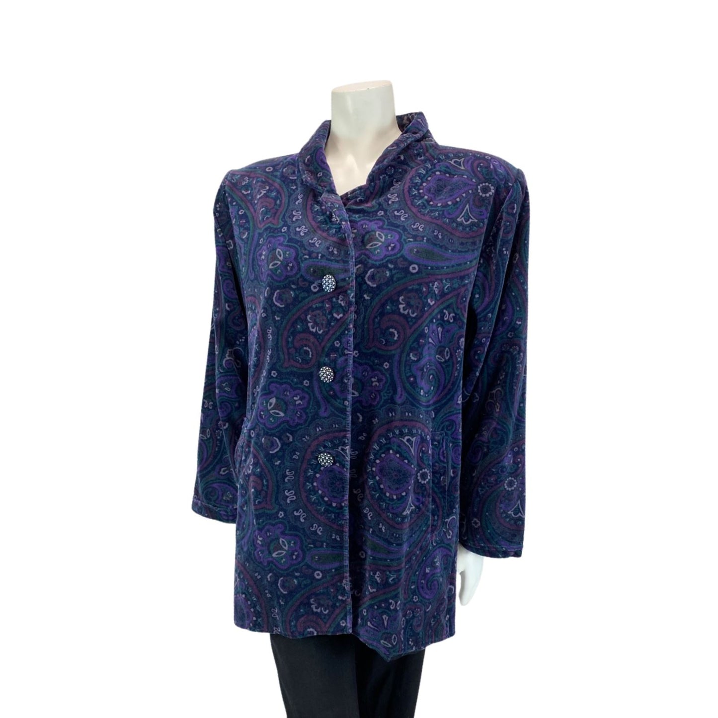 VINTAGE 70S 80S BLUE PURPLE BETTY BARCLAY VELVET PAISLEY PARTY BLOUSE JACKET M