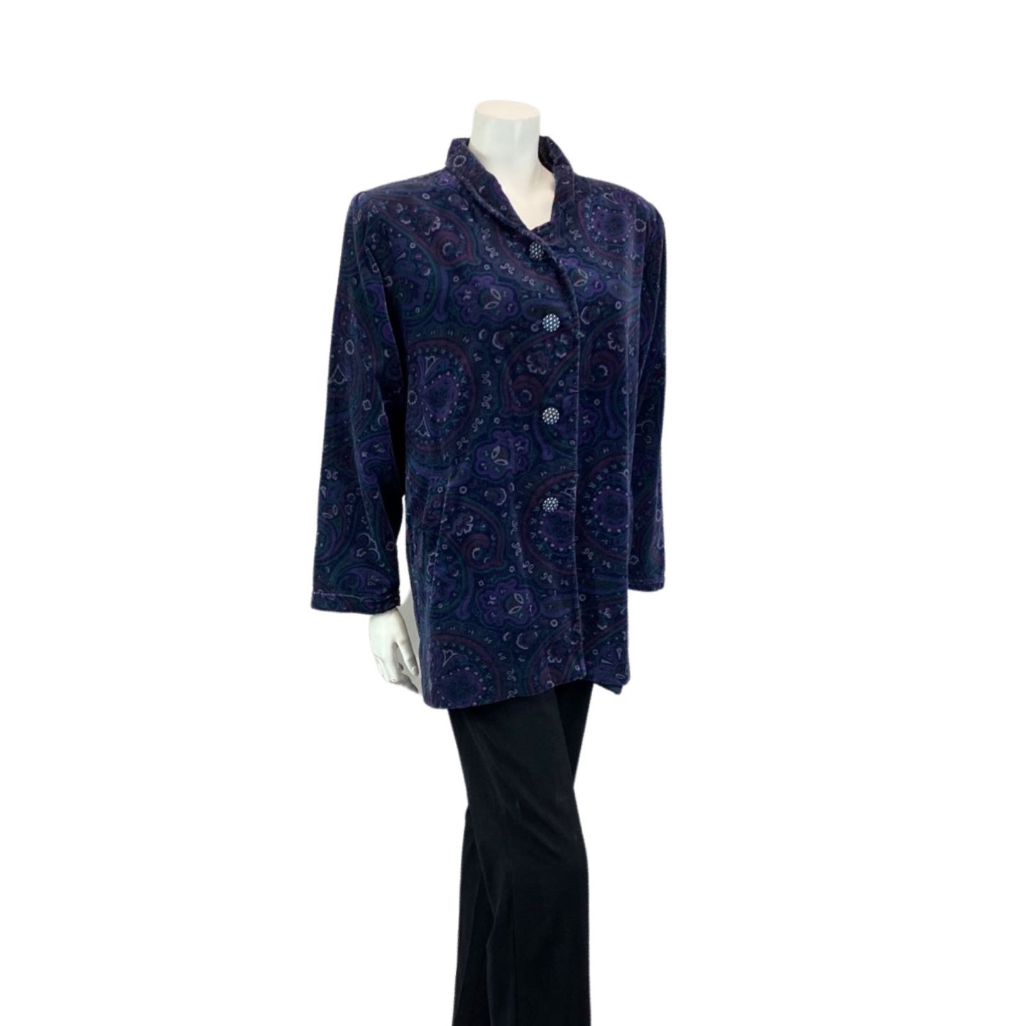 VINTAGE 70S 80S BLUE PURPLE BETTY BARCLAY VELVET PAISLEY PARTY BLOUSE JACKET M