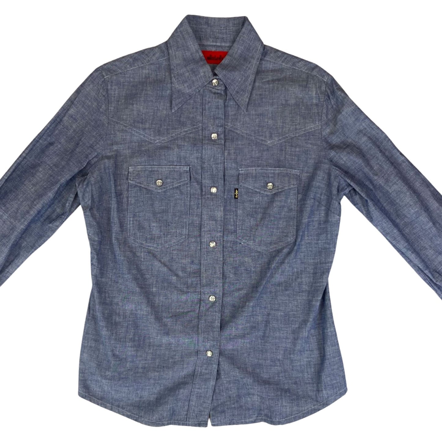 VTG 1970S BIG E MISS LEVIS BLACK/GOLD TAB DENIM CHAMBRAY WESTERN SHIRT 38” 12