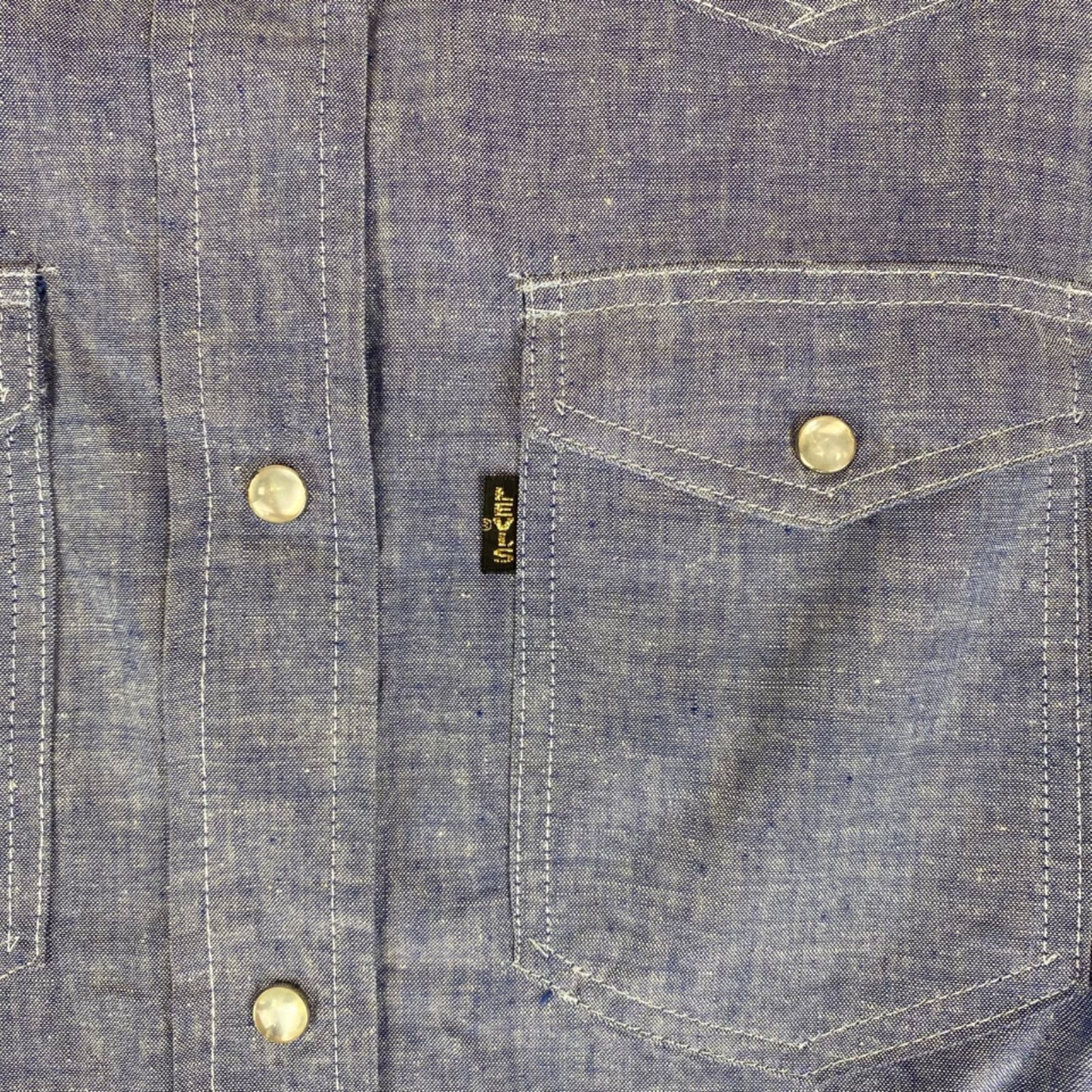 VTG 1970S BIG E MISS LEVIS BLACK/GOLD TAB DENIM CHAMBRAY WESTERN SHIRT 38” 12